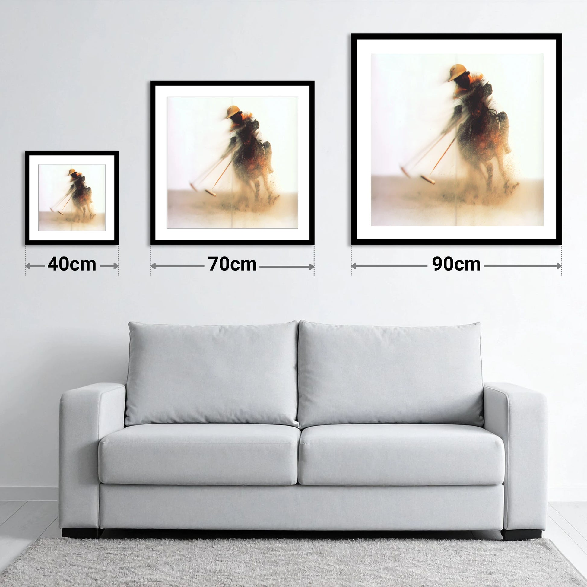The Ethereal Chukka - size guide showing 40cm, 70cm and 90cm art prints