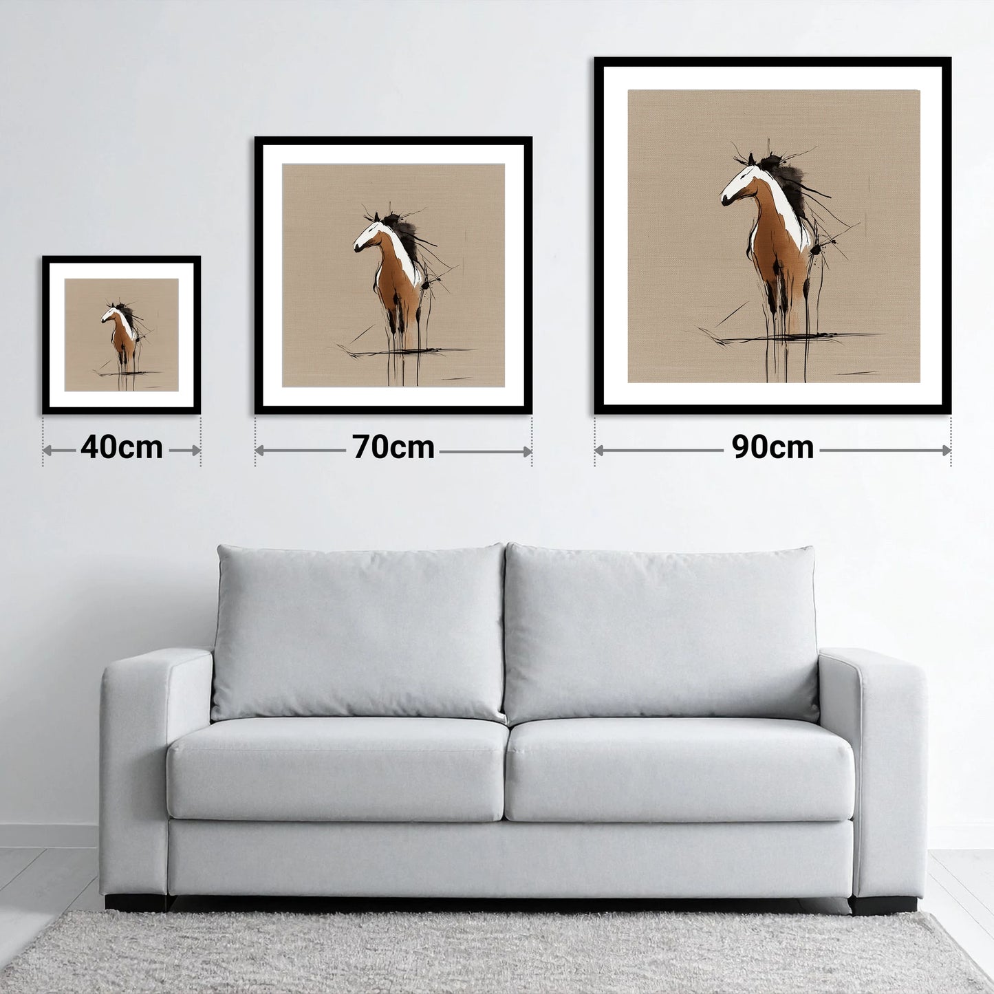 Raw Equine Spirit - size guide showing 40cm, 70cm and 90cm art prints