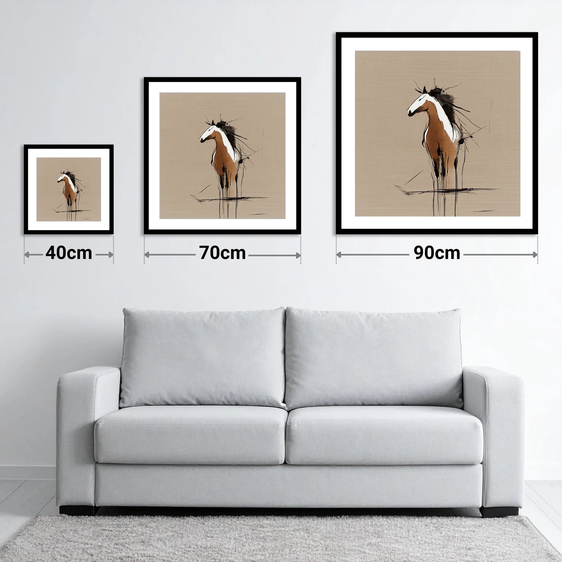 Raw Equine Spirit - size guide showing 40cm, 70cm and 90cm art prints