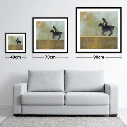 Gilded Polo Silhouette - size guide showing 40cm, 70cm and 90cm art prints