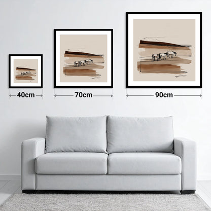 Minimalist Sepia Herd - size guide showing 40cm, 70cm and 90cm art prints