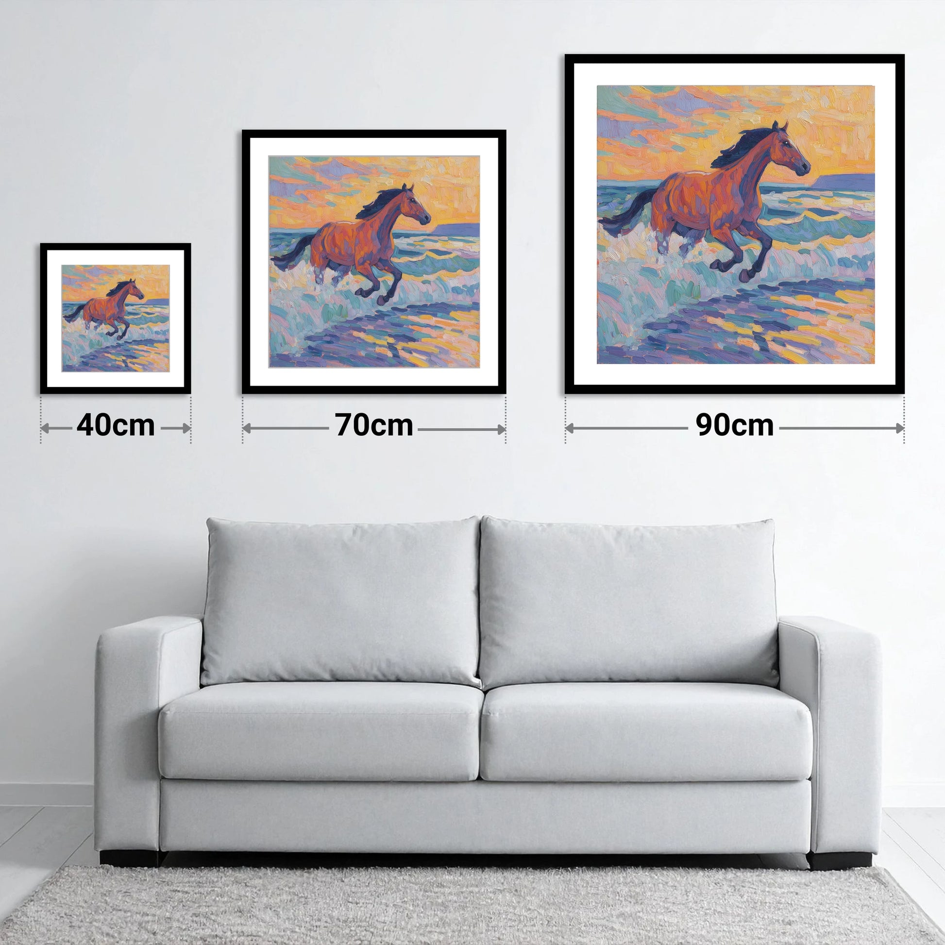 Painted Tide Canter - size guide showing 40cm, 70cm and 90cm art prints