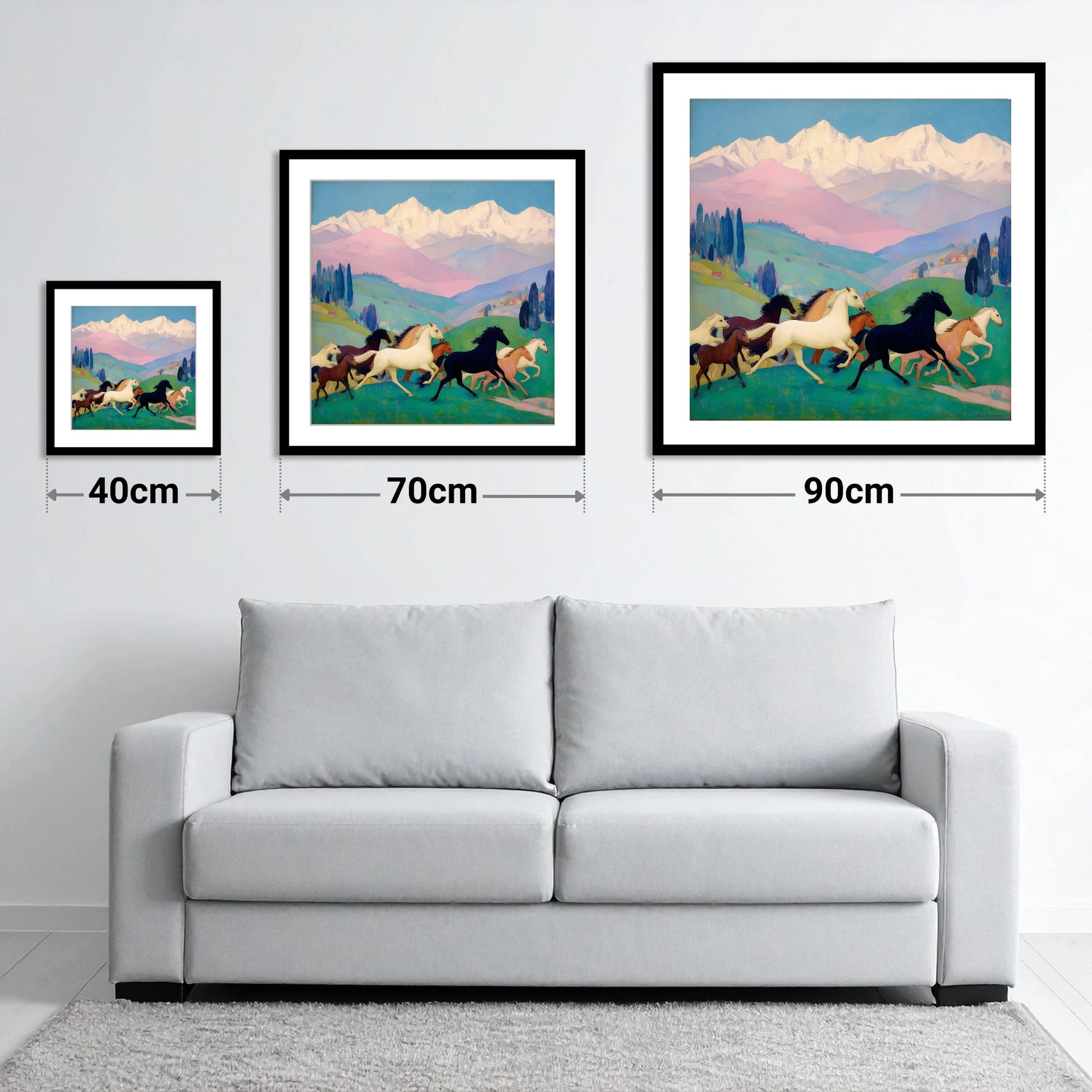 Vibrant Alpine Herd - size guide showing 40cm, 70cm and 90cm art prints
