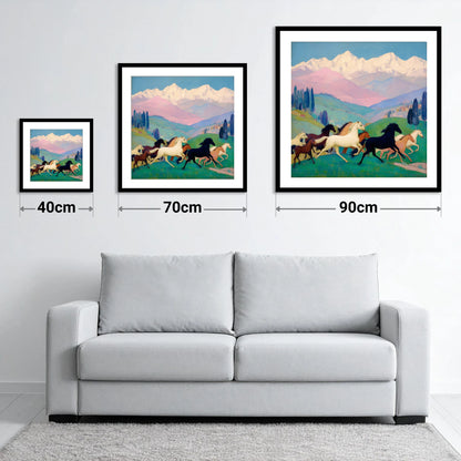 Vibrant Alpine Herd - size guide showing 40cm, 70cm and 90cm art prints