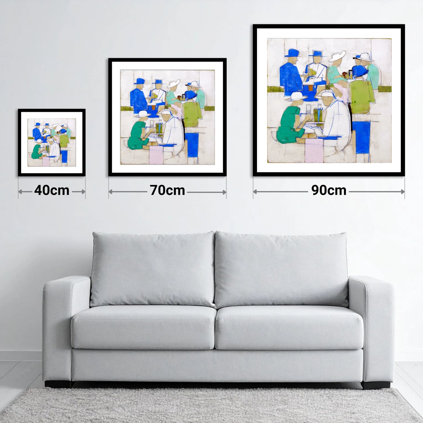 The Racing Crowd - size guide showing 40cm, 70cm and 90cm art prints