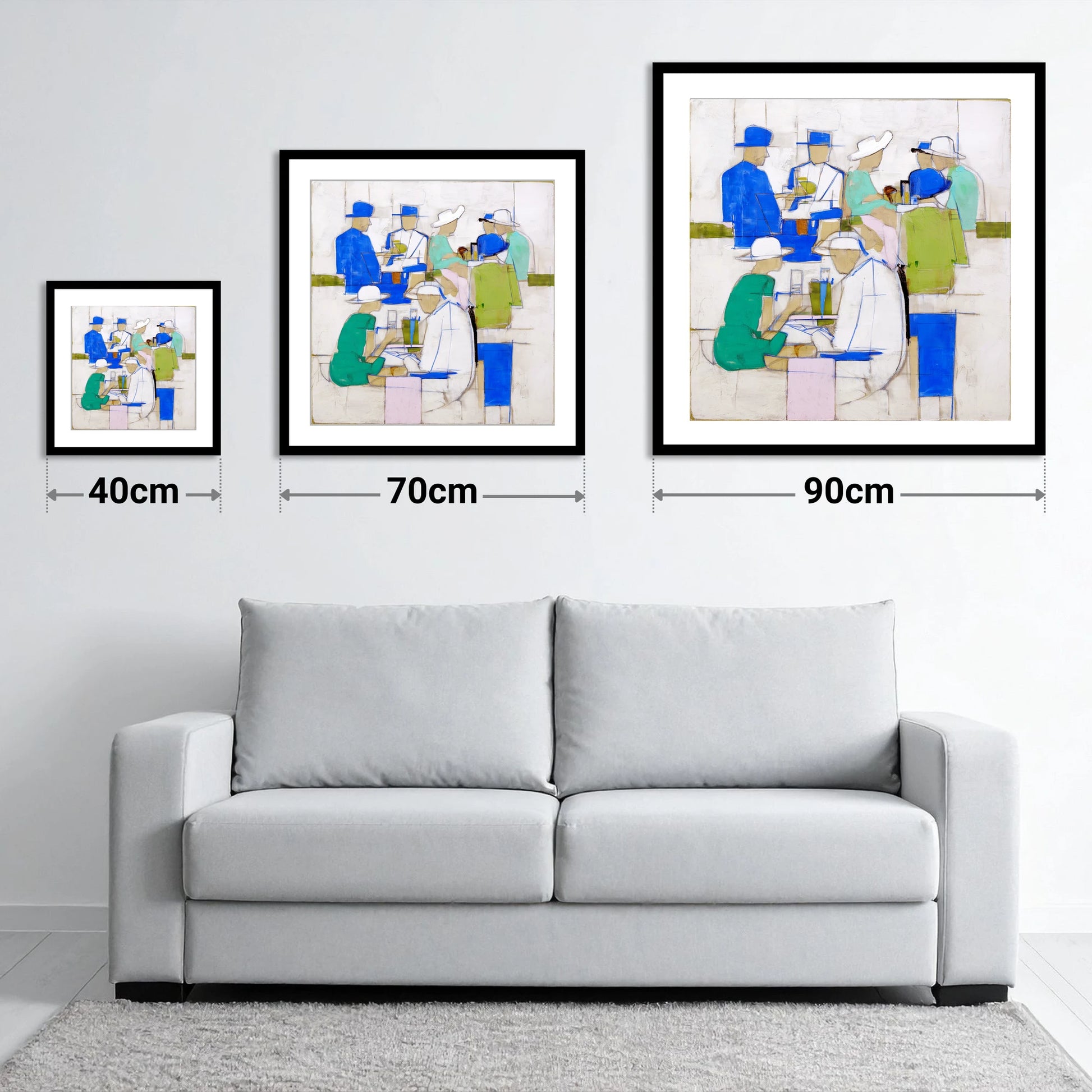 The Racing Crowd - size guide showing 40cm, 70cm and 90cm art prints
