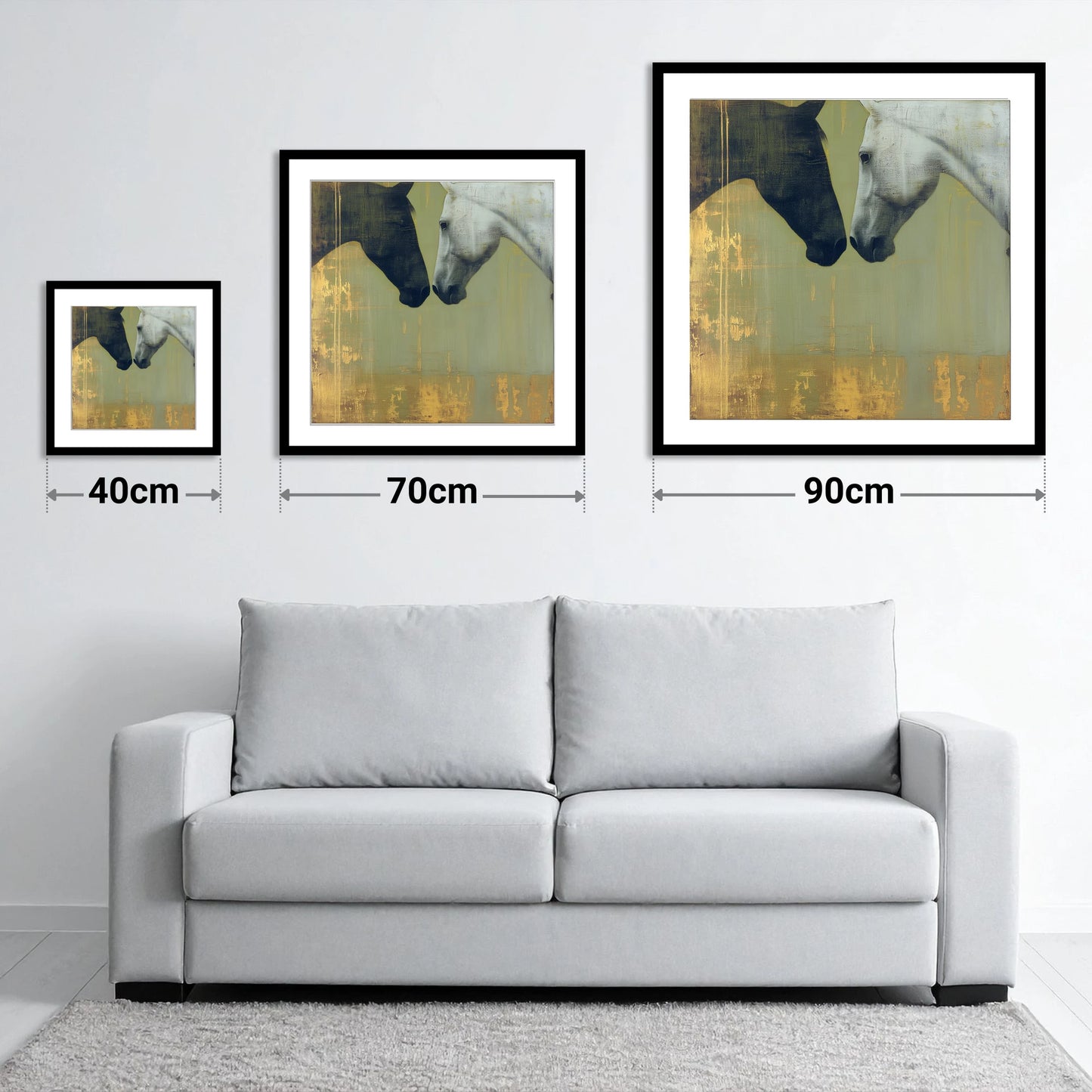 Quiet Connection - size guide showing 40cm, 70cm and 90cm art prints