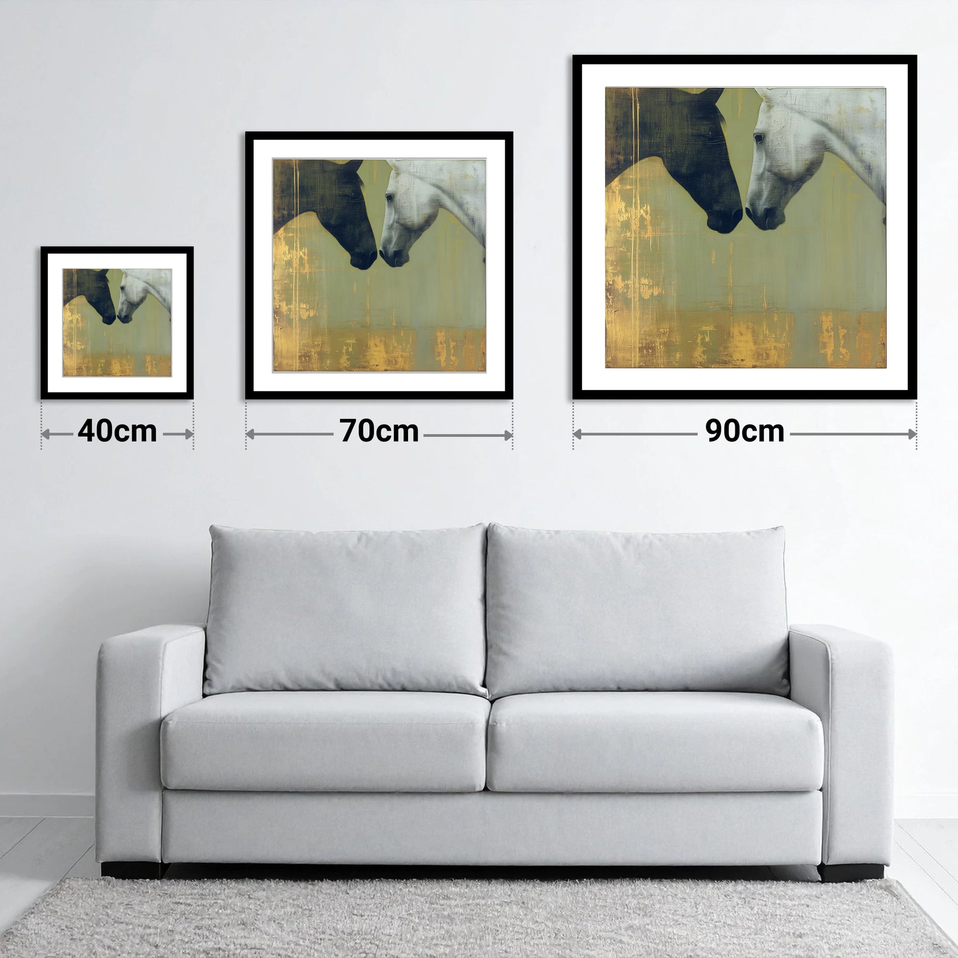 Quiet Connection - size guide showing 40cm, 70cm and 90cm art prints
