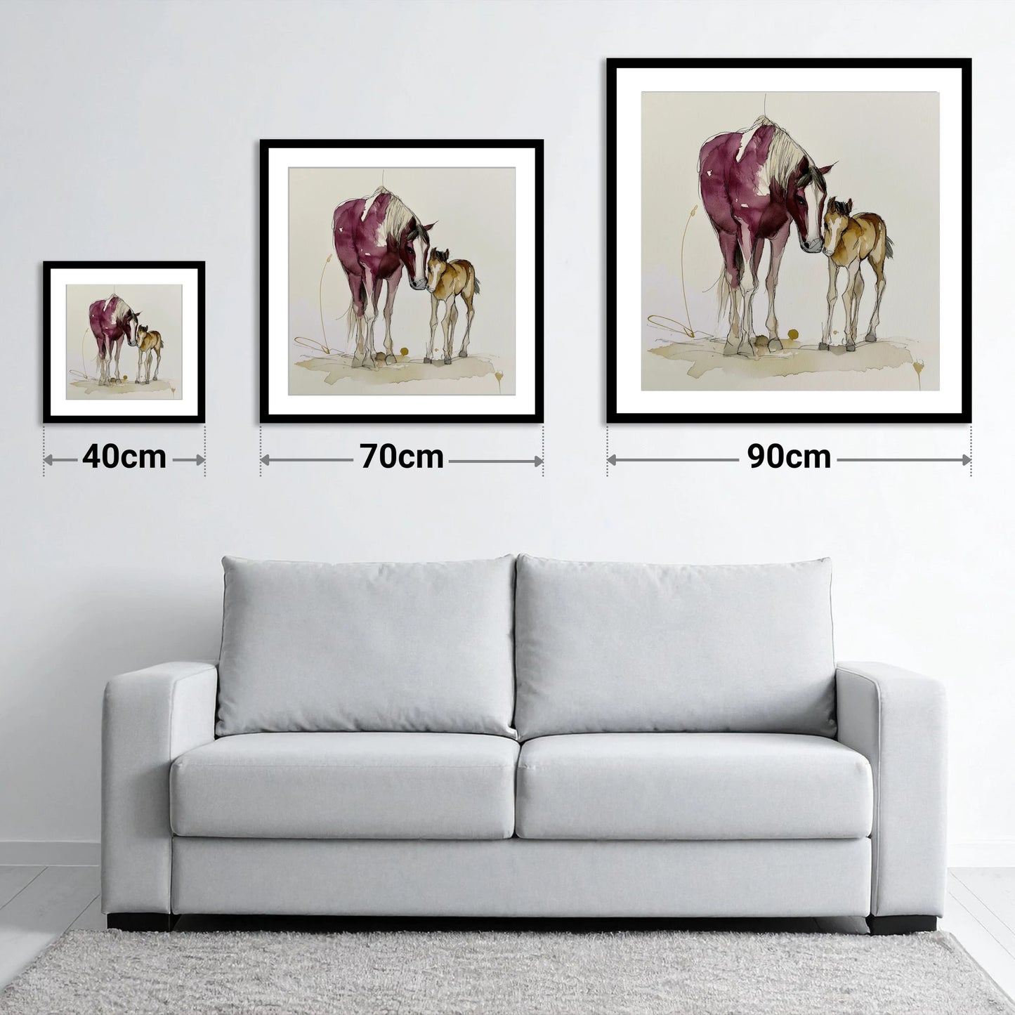 Painted Bond - size guide showing 40cm, 70cm and 90cm art prints