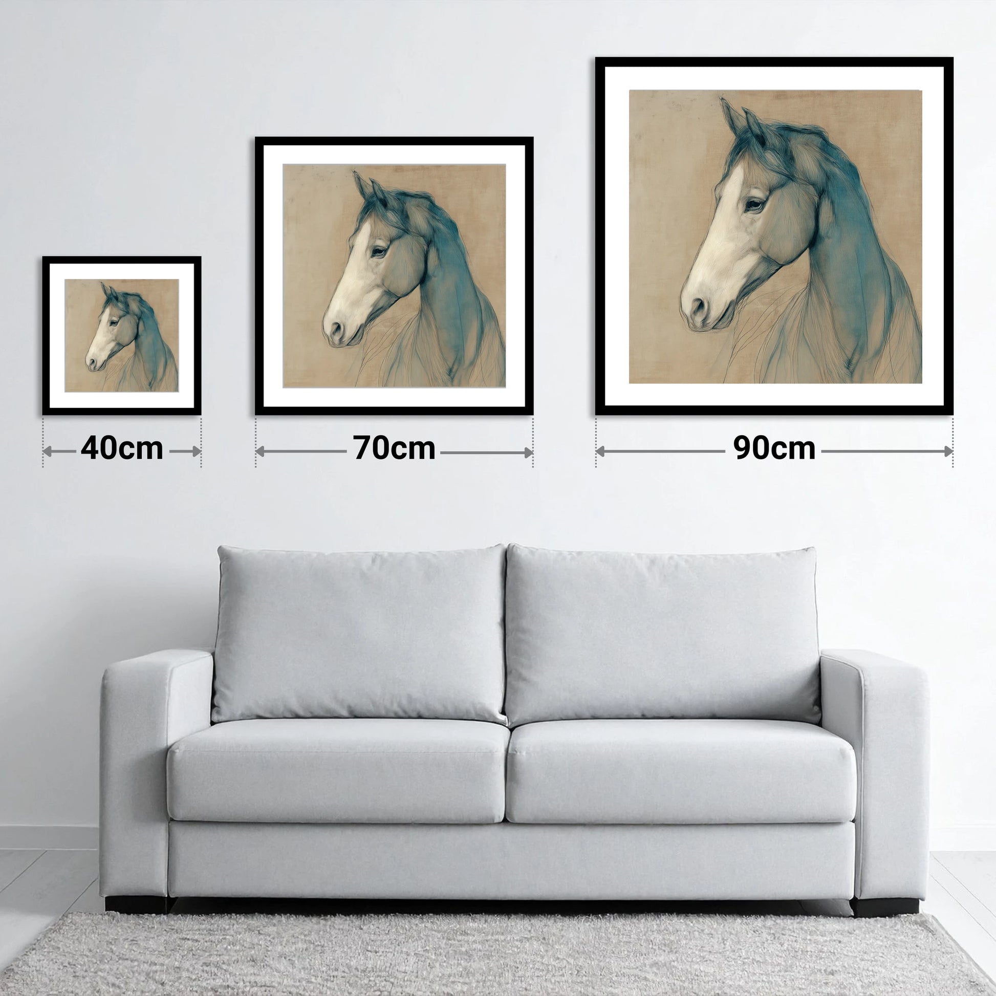 Teal Equine Study - size guide showing 40cm, 70cm and 90cm art prints