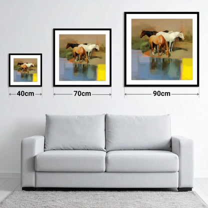 Vibrant Equine Reflections - size guide showing 40cm, 70cm and 90cm art prints