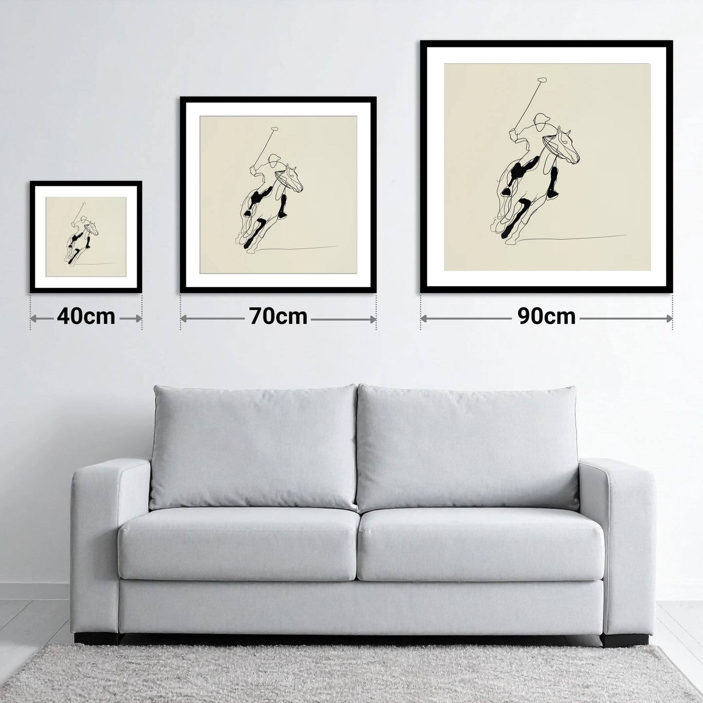 Fluidity of the Chukka - size guide showing 40cm, 70cm and 90cm art prints