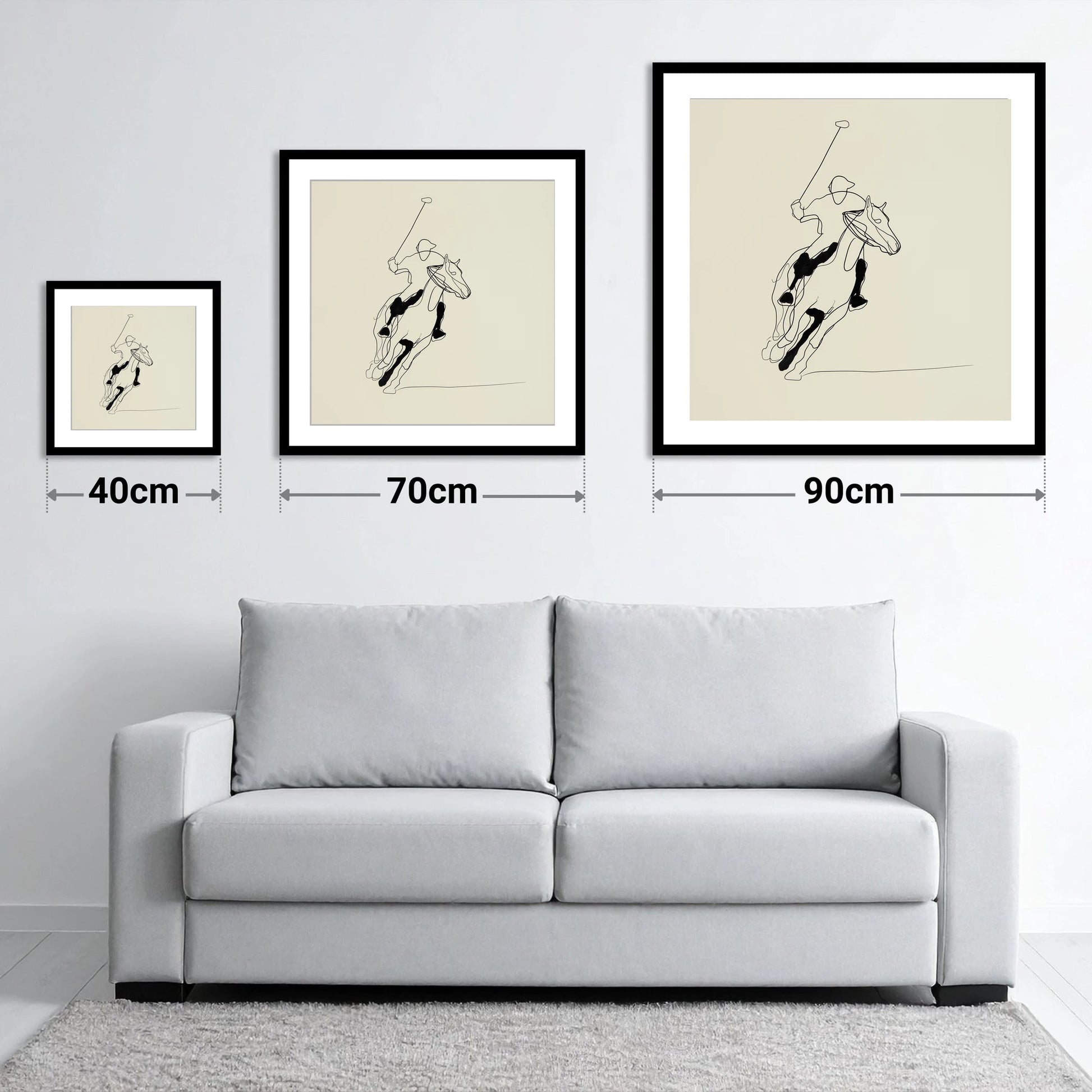 Fluidity of the Chukka - size guide showing 40cm, 70cm and 90cm art prints