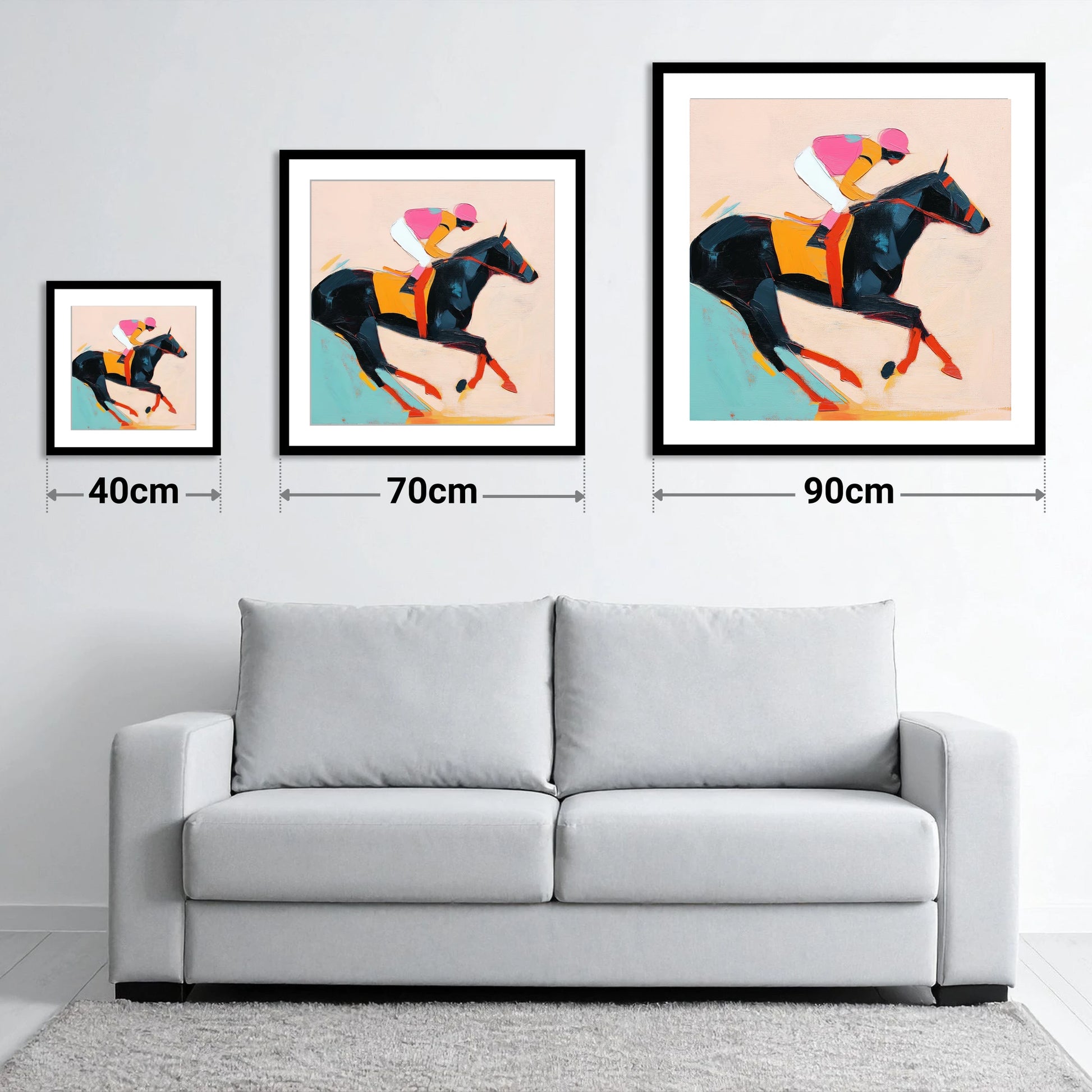 Vivid Racing Spirit - size guide showing 40cm, 70cm and 90cm art prints