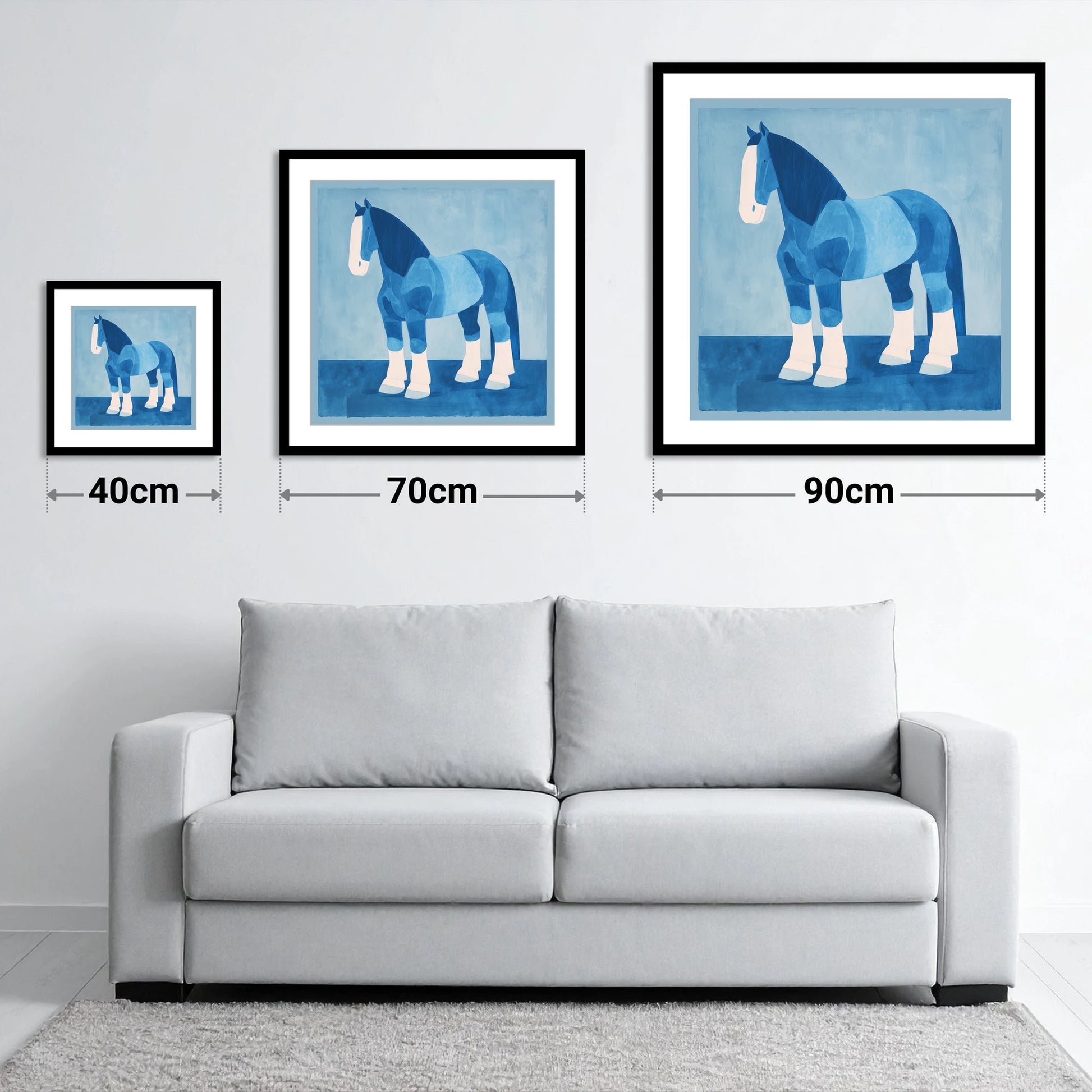 Cobalt Heavy Horse - size guide showing 40cm, 70cm and 90cm art prints
