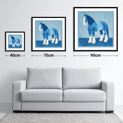 Cobalt Heavy Horse - size guide showing 40cm, 70cm and 90cm art prints