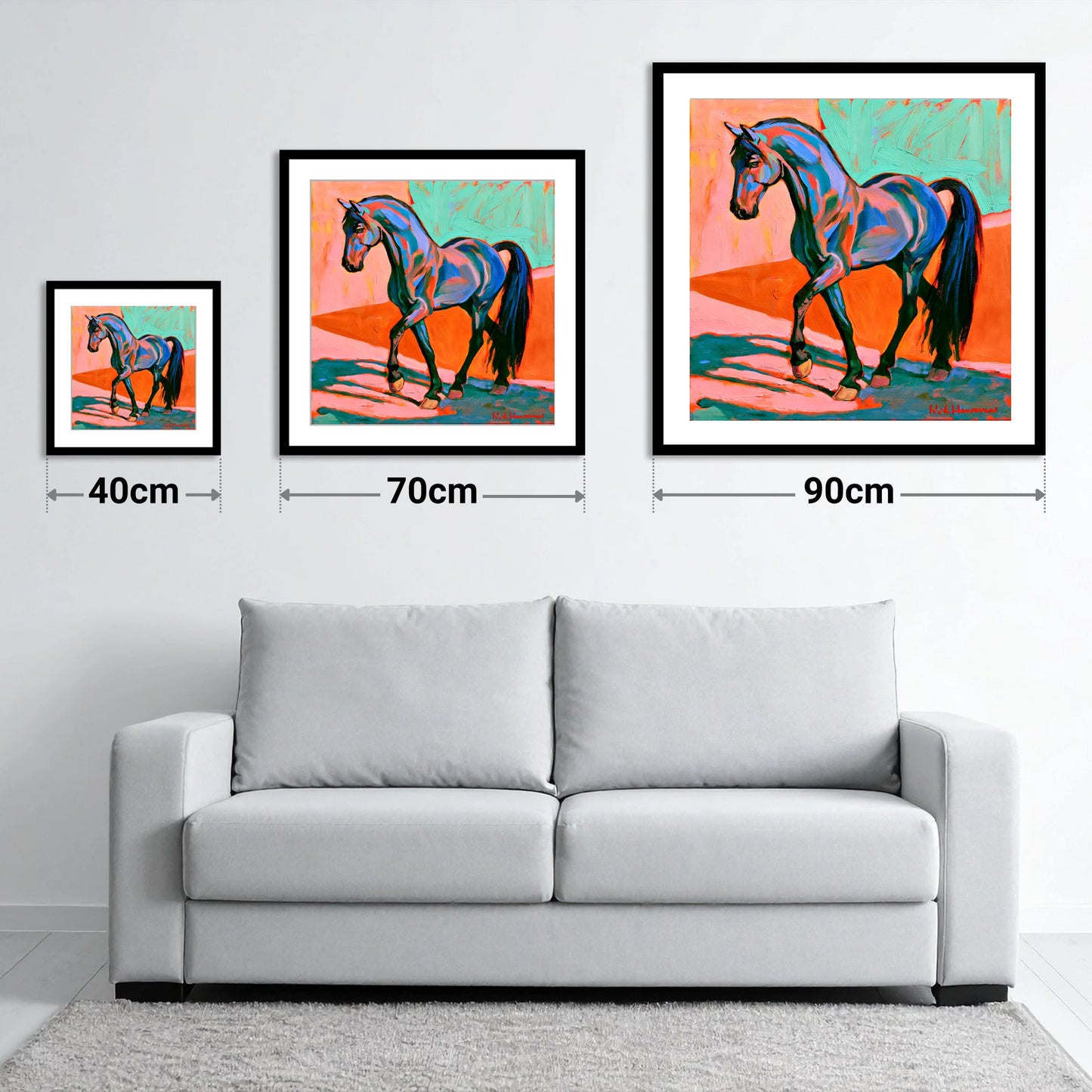 Vibrant Blue Contemporary Horse - size guide showing 40cm, 70cm and 90cm art prints
