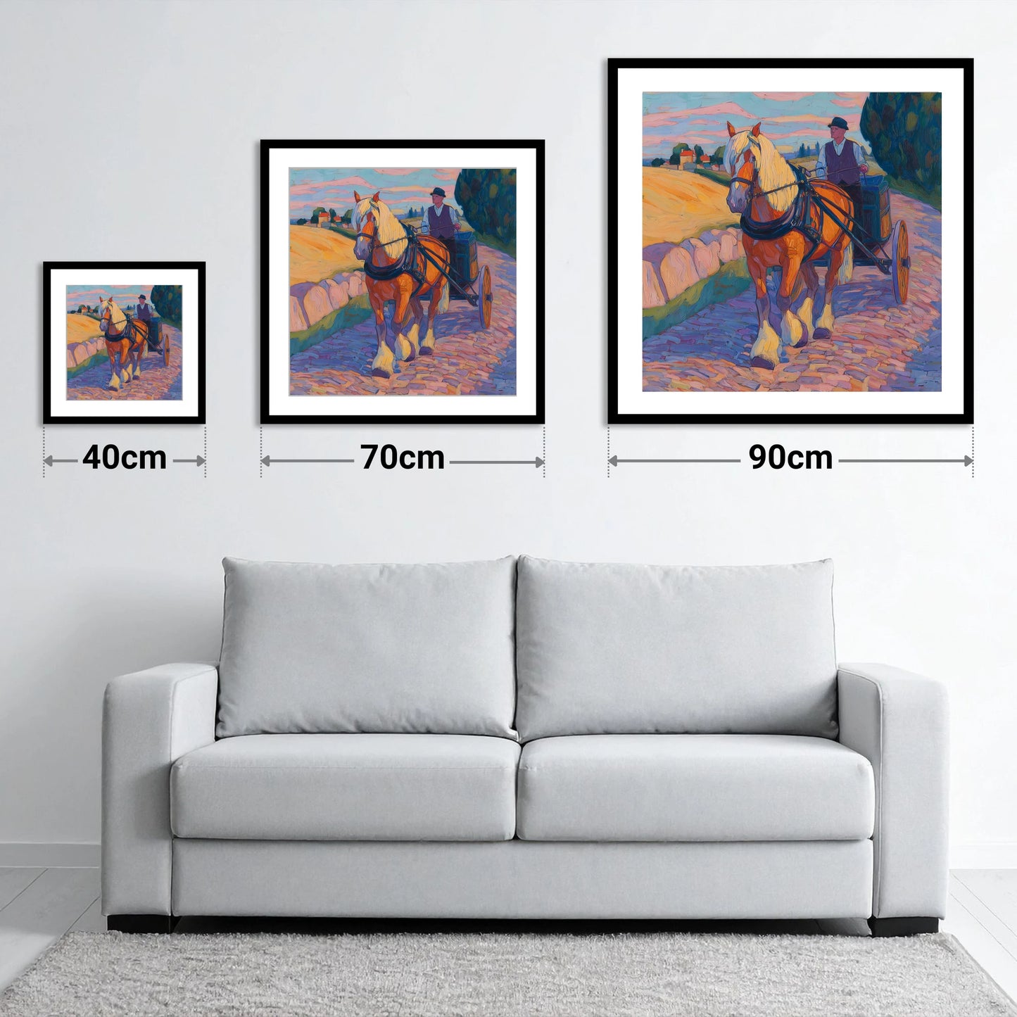 Evening Draught on Cobbles - size guide showing 40cm, 70cm and 90cm art prints