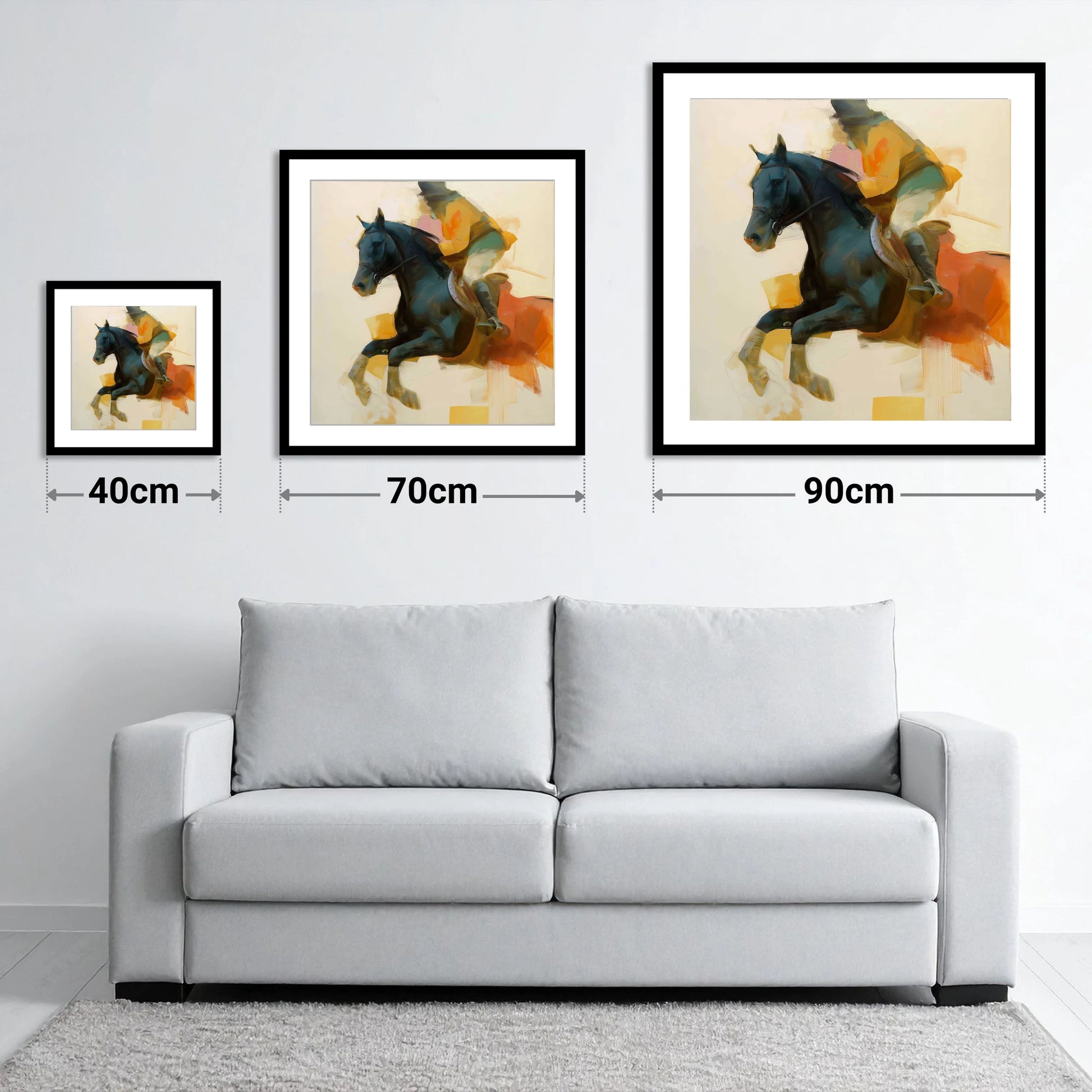Kinetic Leap - size guide showing 40cm, 70cm and 90cm art prints