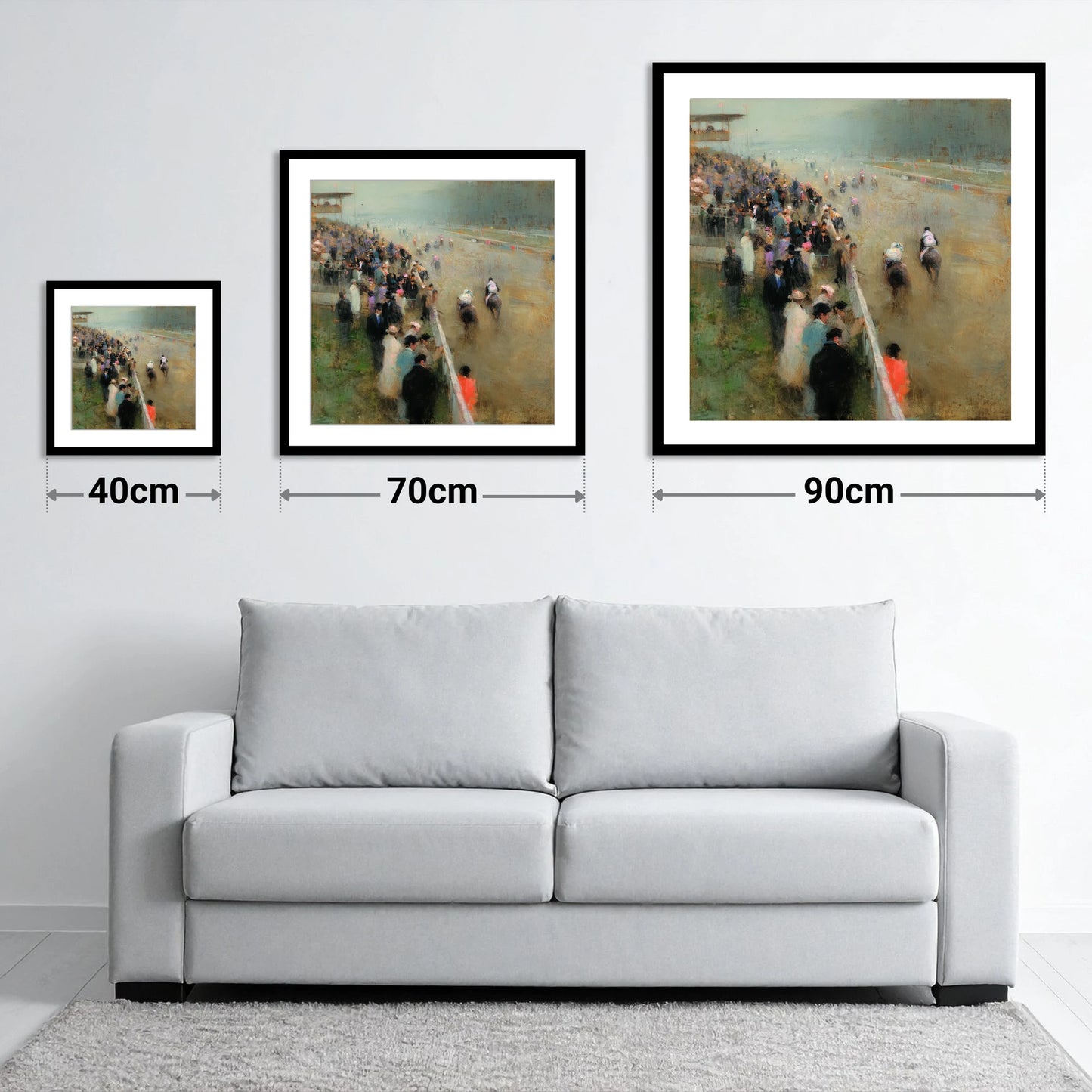 Trackside Anticipation - size guide showing 40cm, 70cm and 90cm art prints
