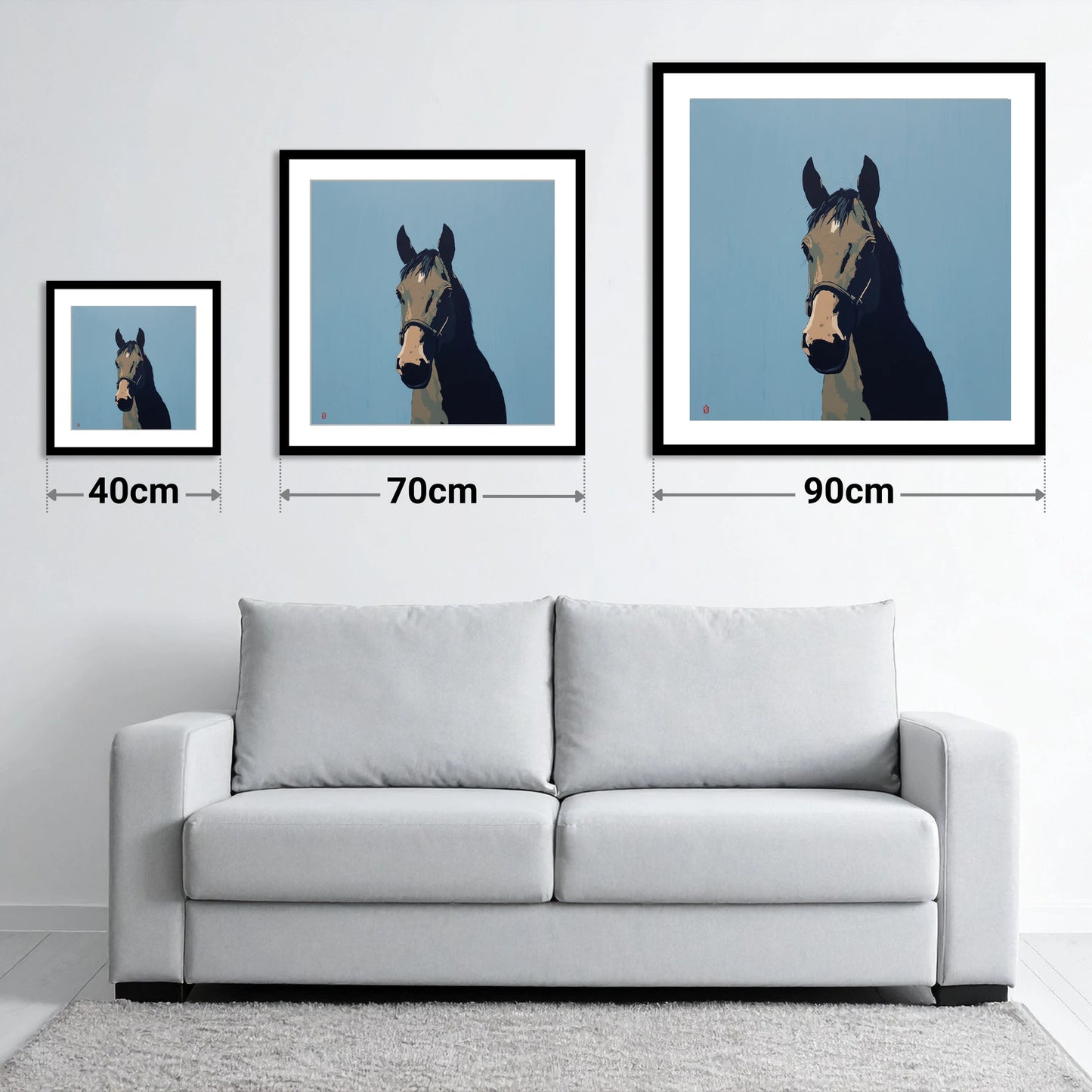 Cerulean Shadow Portrait - size guide showing 40cm, 70cm and 90cm art prints