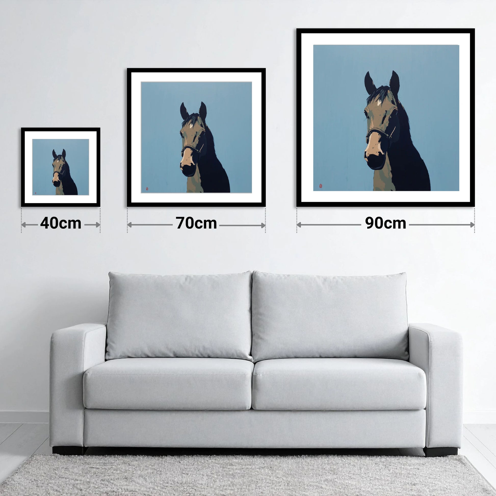 Cerulean Shadow Portrait - size guide showing 40cm, 70cm and 90cm art prints