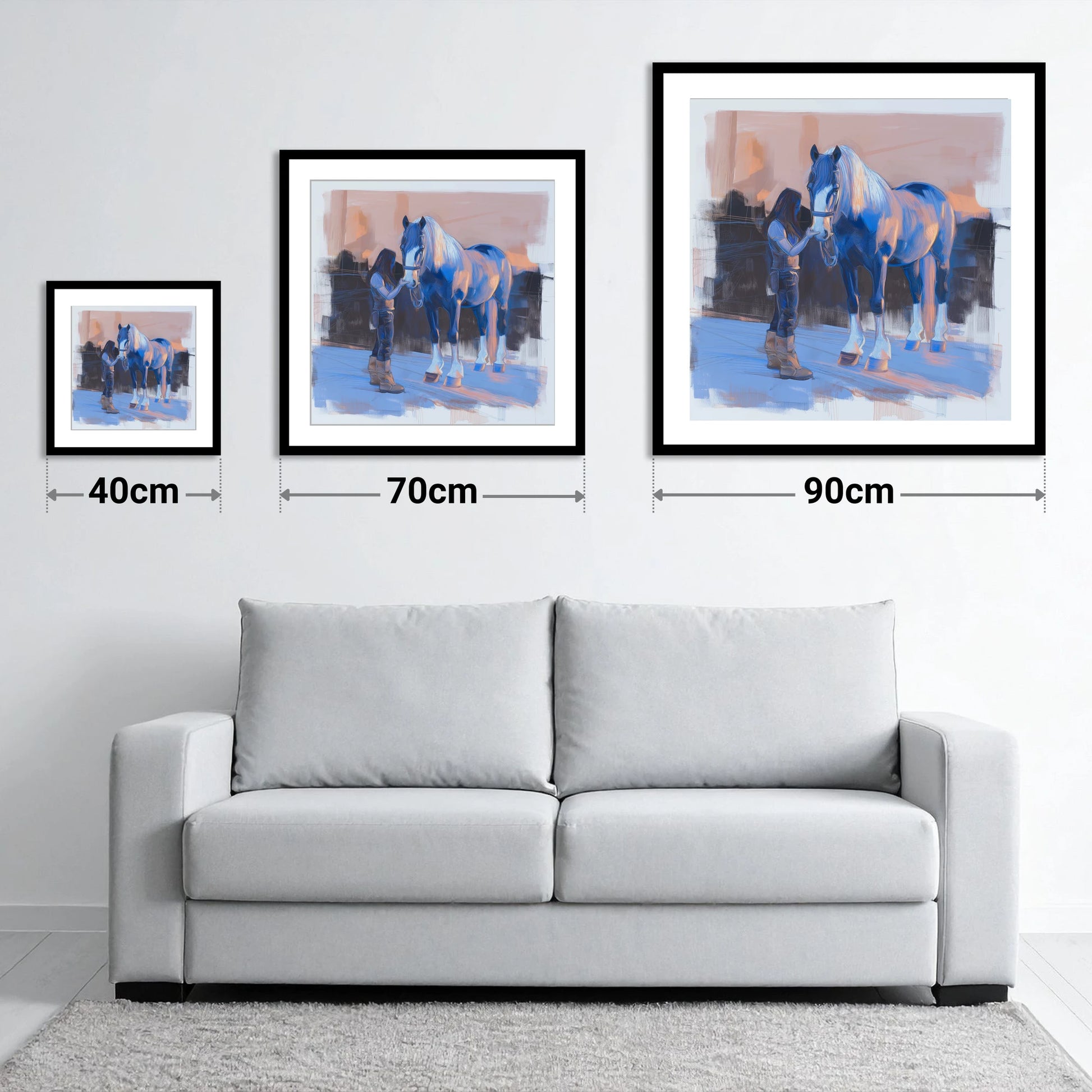 The Gentle Bond - size guide showing 40cm, 70cm and 90cm art prints