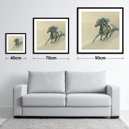 The Slate Grey Gallop - size guide showing 40cm, 70cm and 90cm art prints
