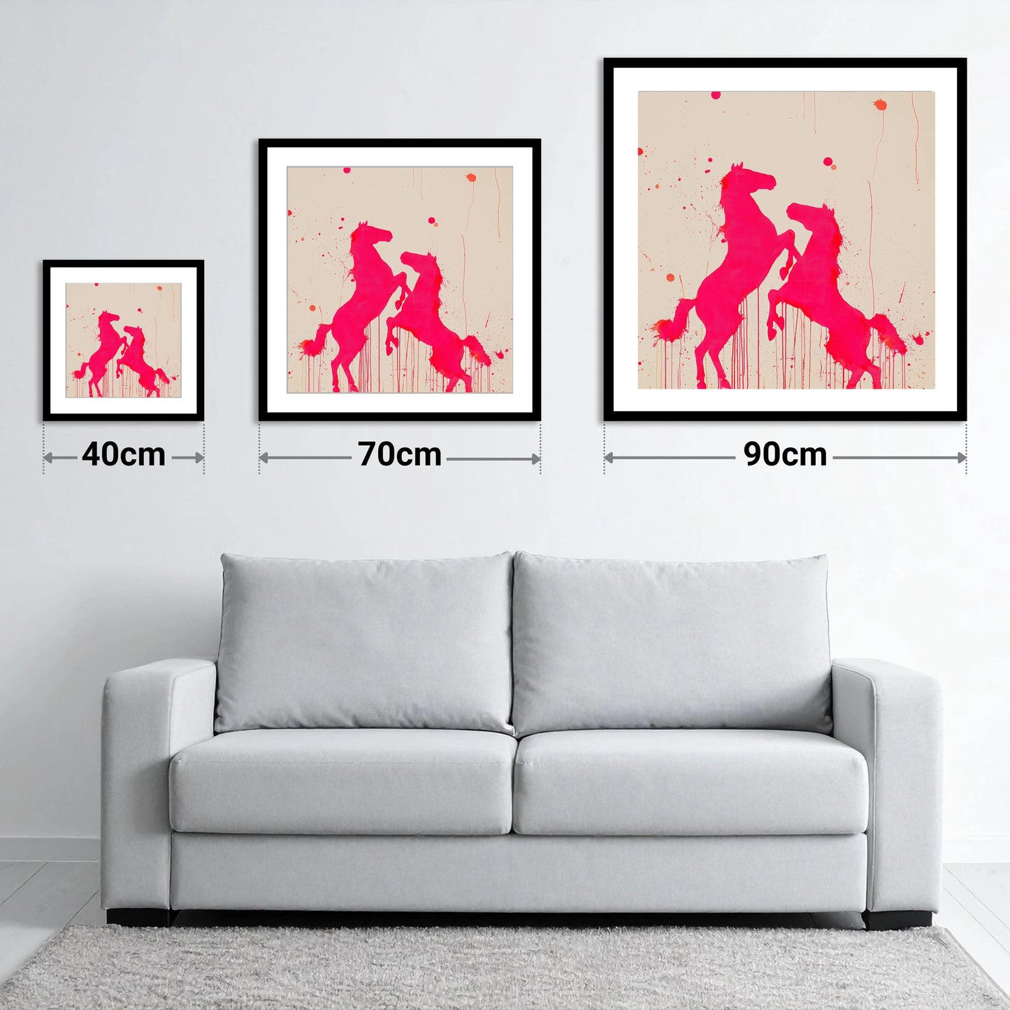 Magenta Equine Dance - size guide showing 40cm, 70cm and 90cm art prints