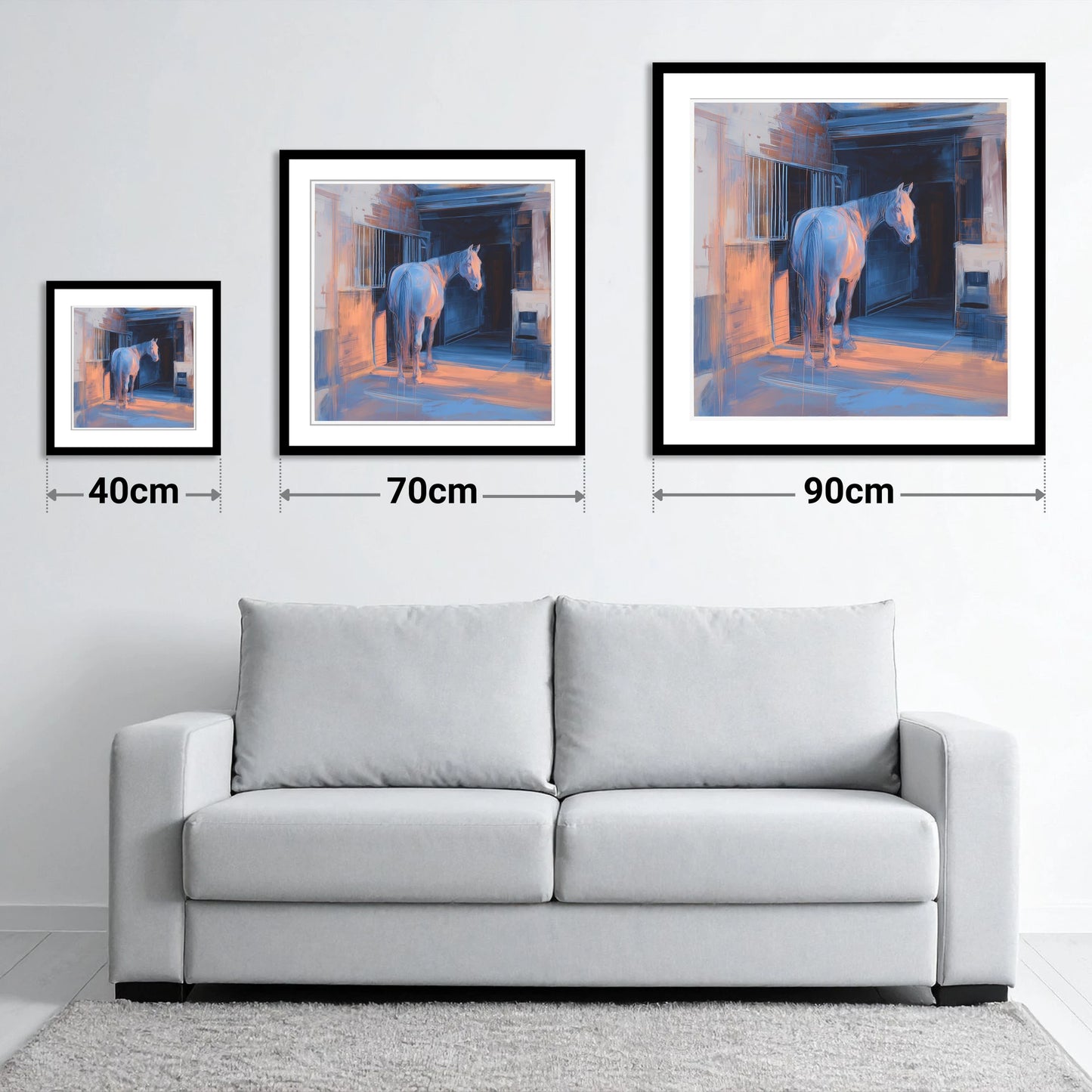 Quiet Light in the Yard - size guide showing 40cm, 70cm and 90cm art prints