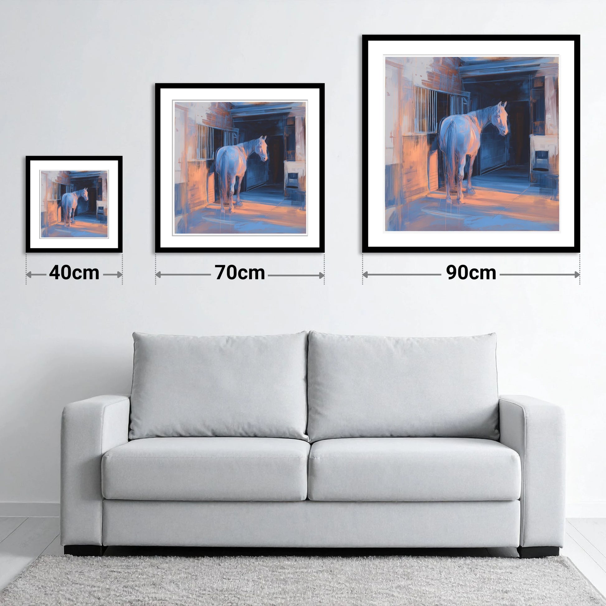 Quiet Light in the Yard - size guide showing 40cm, 70cm and 90cm art prints