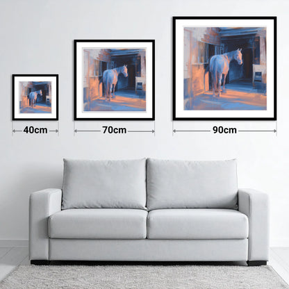 Quiet Light in the Yard - size guide showing 40cm, 70cm and 90cm art prints