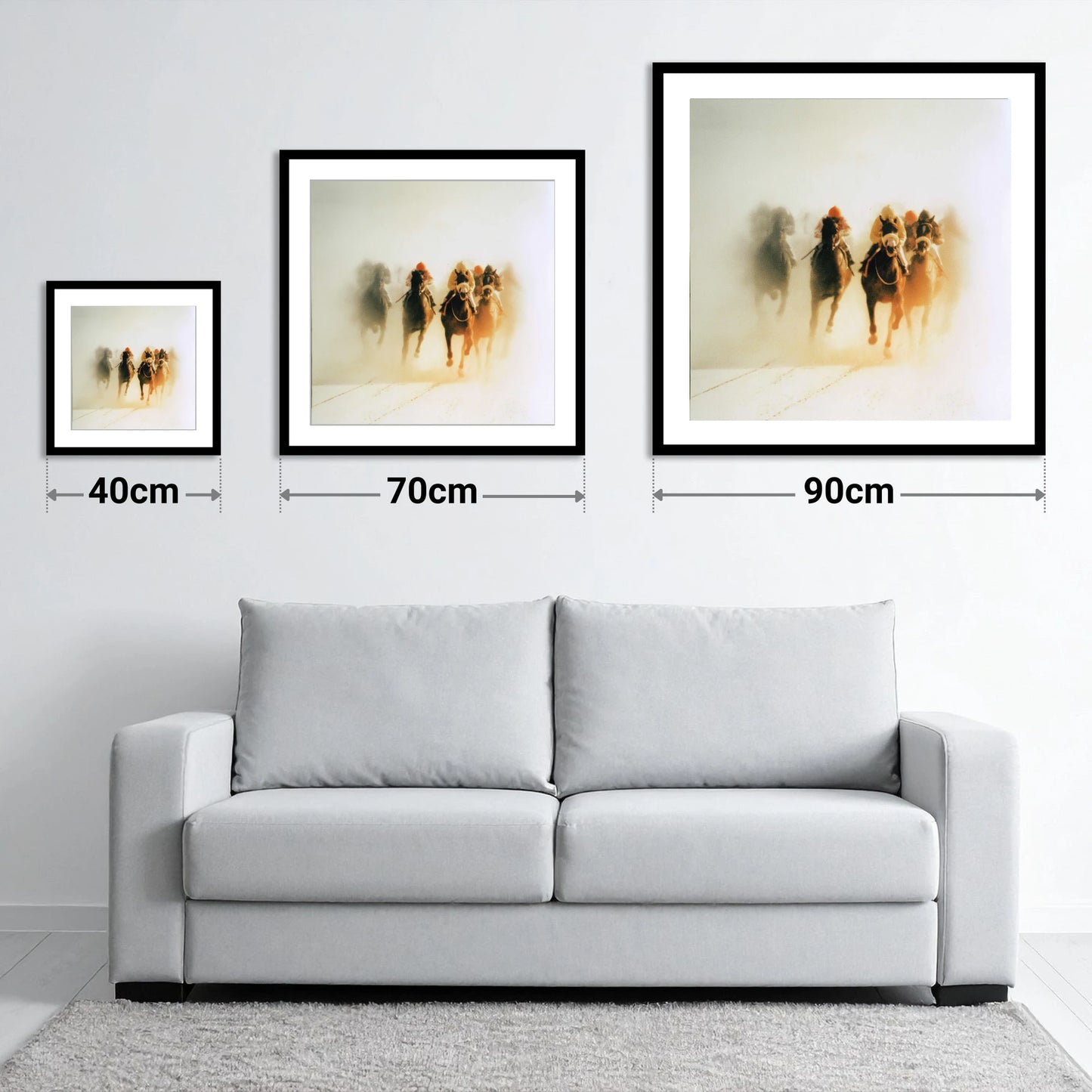 Emerging From The Mist - size guide showing 40cm, 70cm and 90cm art prints