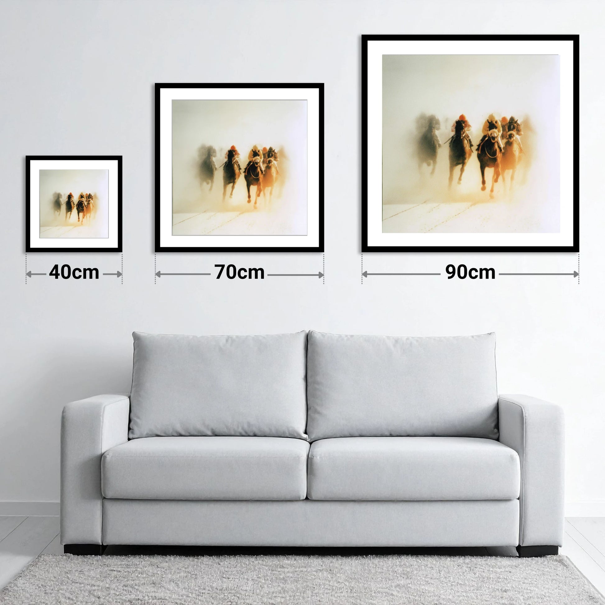 Emerging From The Mist - size guide showing 40cm, 70cm and 90cm art prints