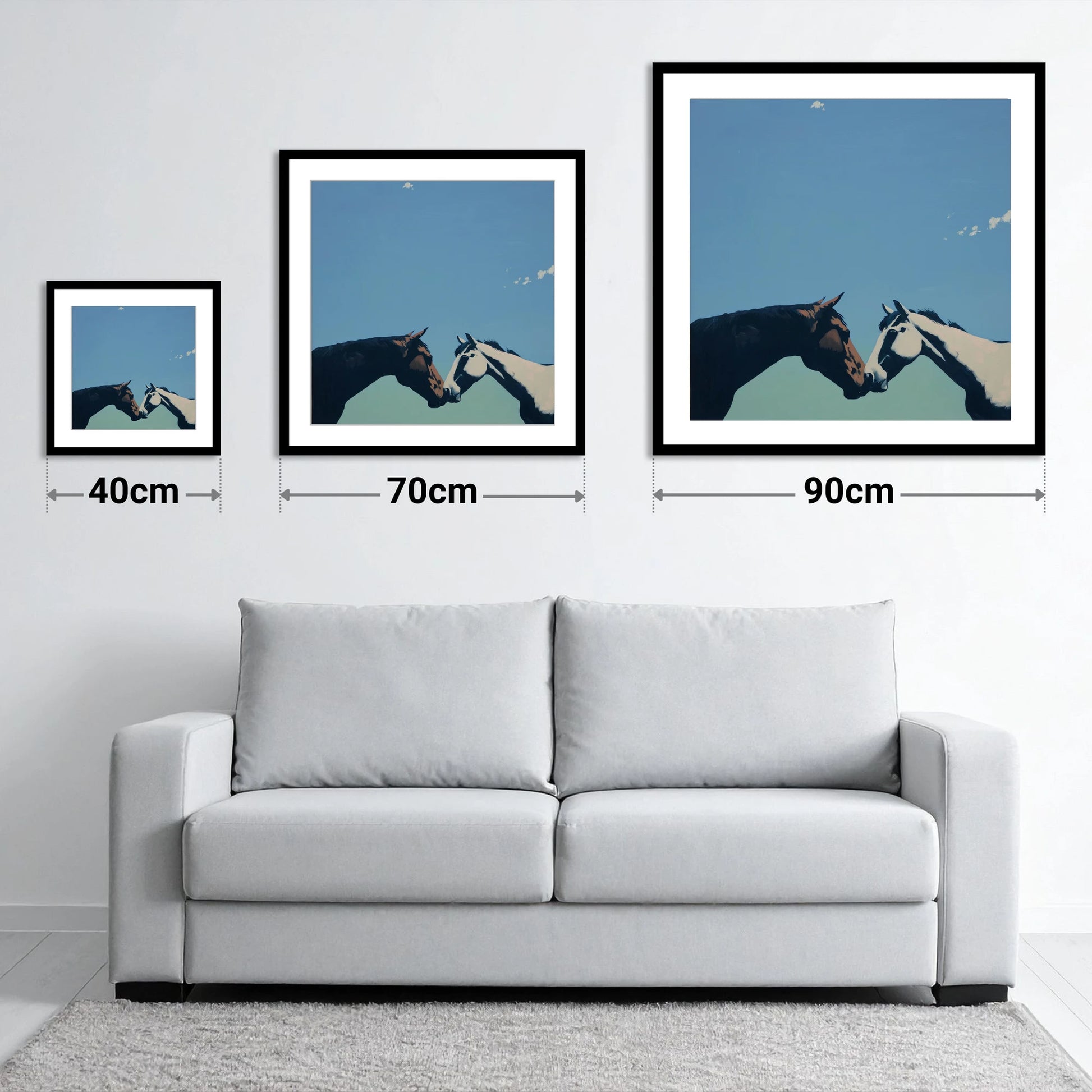 Quiet Connection - size guide showing 40cm, 70cm and 90cm art prints