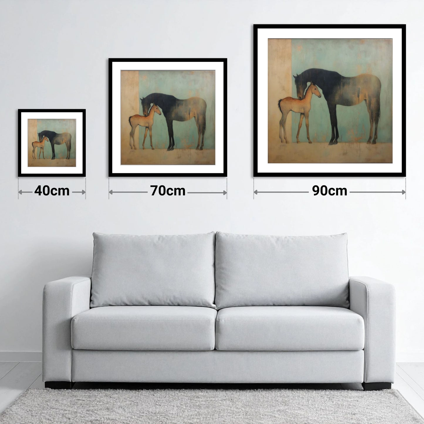A Golden Bond - size guide showing 40cm, 70cm and 90cm art prints