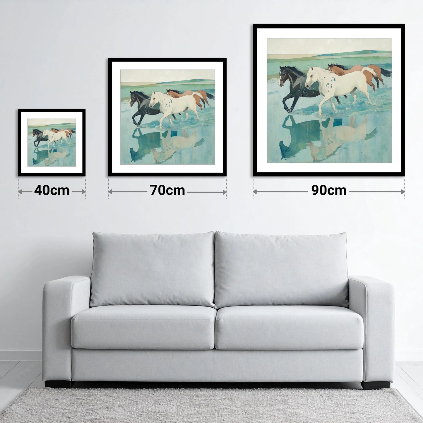 Tidal Canter - size guide showing 40cm, 70cm and 90cm art prints