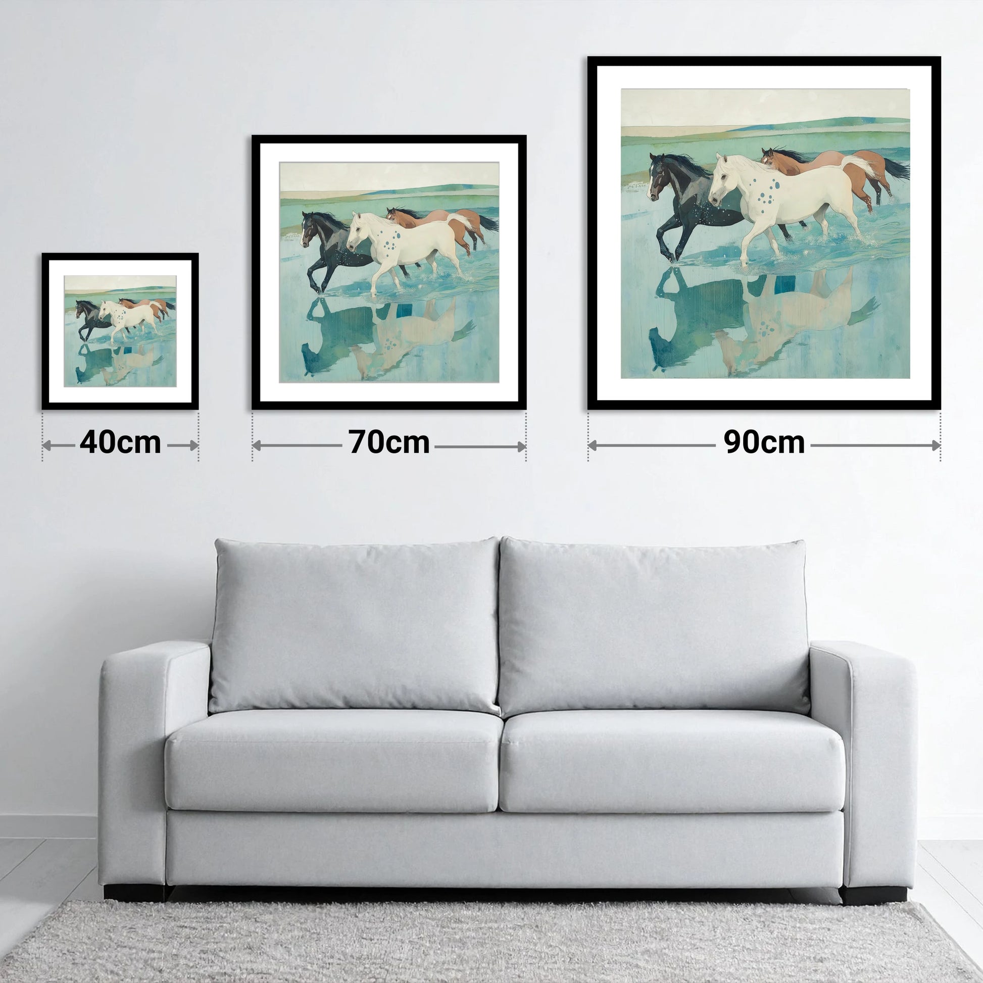 Tidal Canter - size guide showing 40cm, 70cm and 90cm art prints