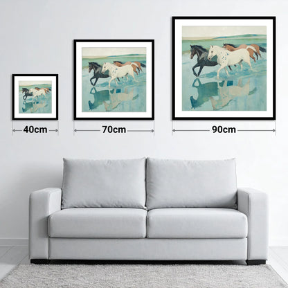 Tidal Canter - size guide showing 40cm, 70cm and 90cm art prints