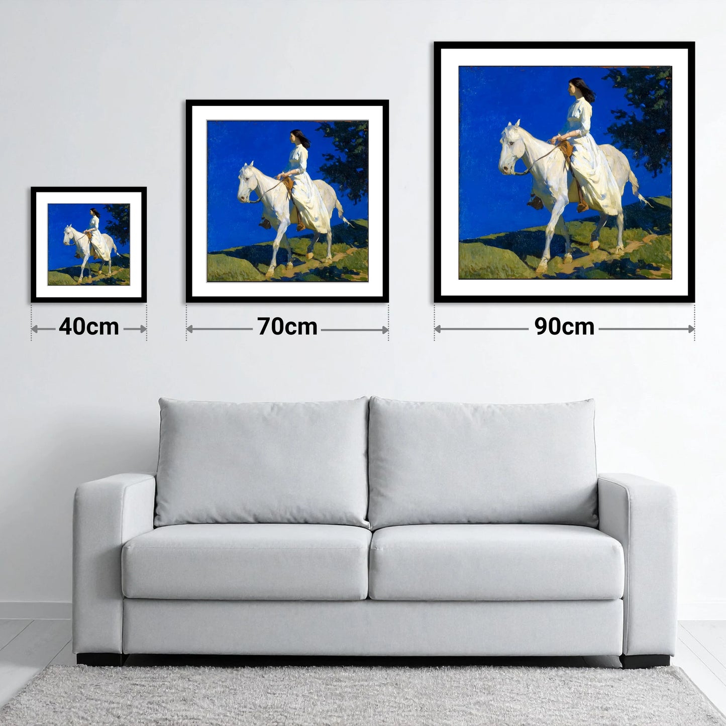 Grace Beneath Azure Skies - size guide showing 40cm, 70cm and 90cm art prints