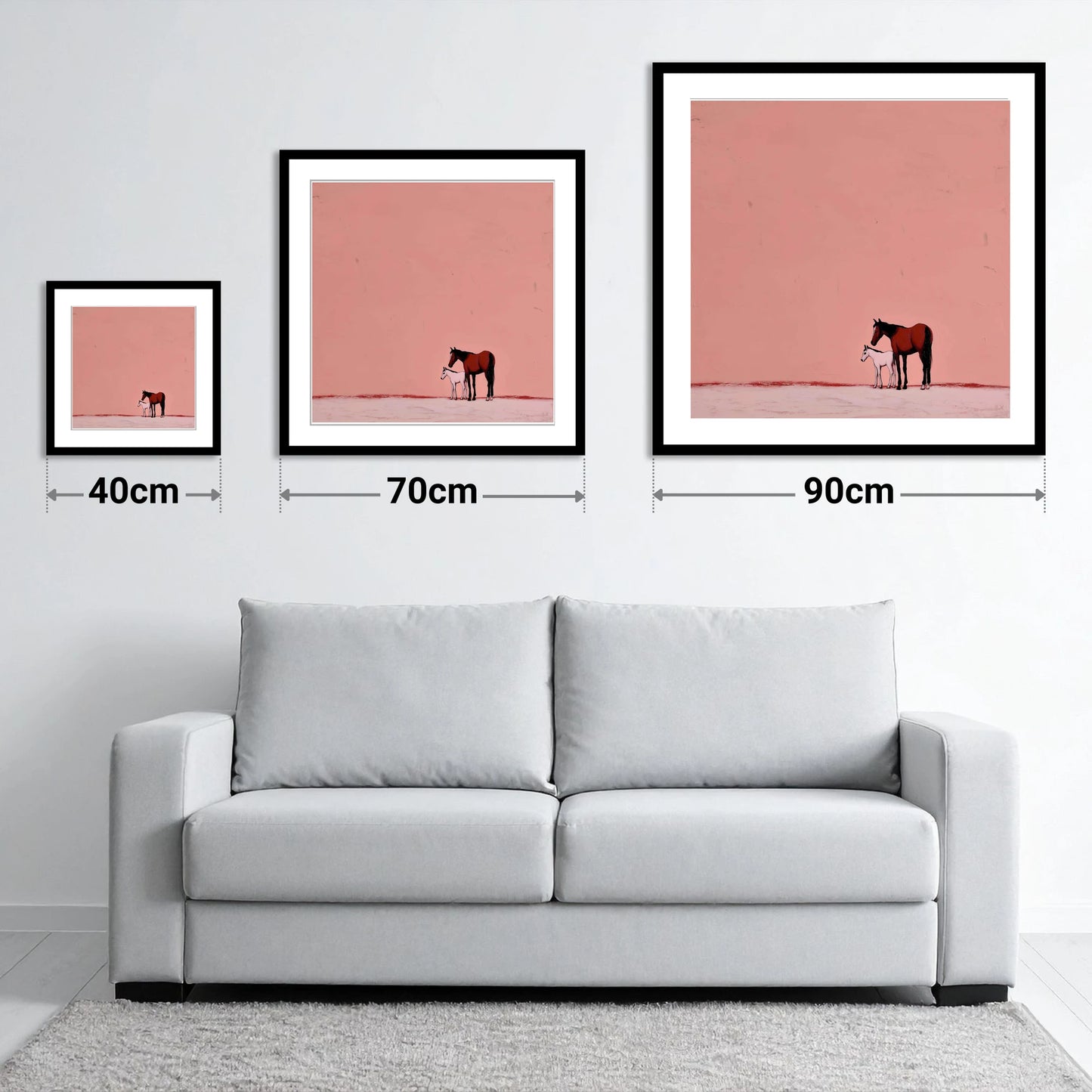 Dusty Rose Bond - size guide showing 40cm, 70cm and 90cm art prints