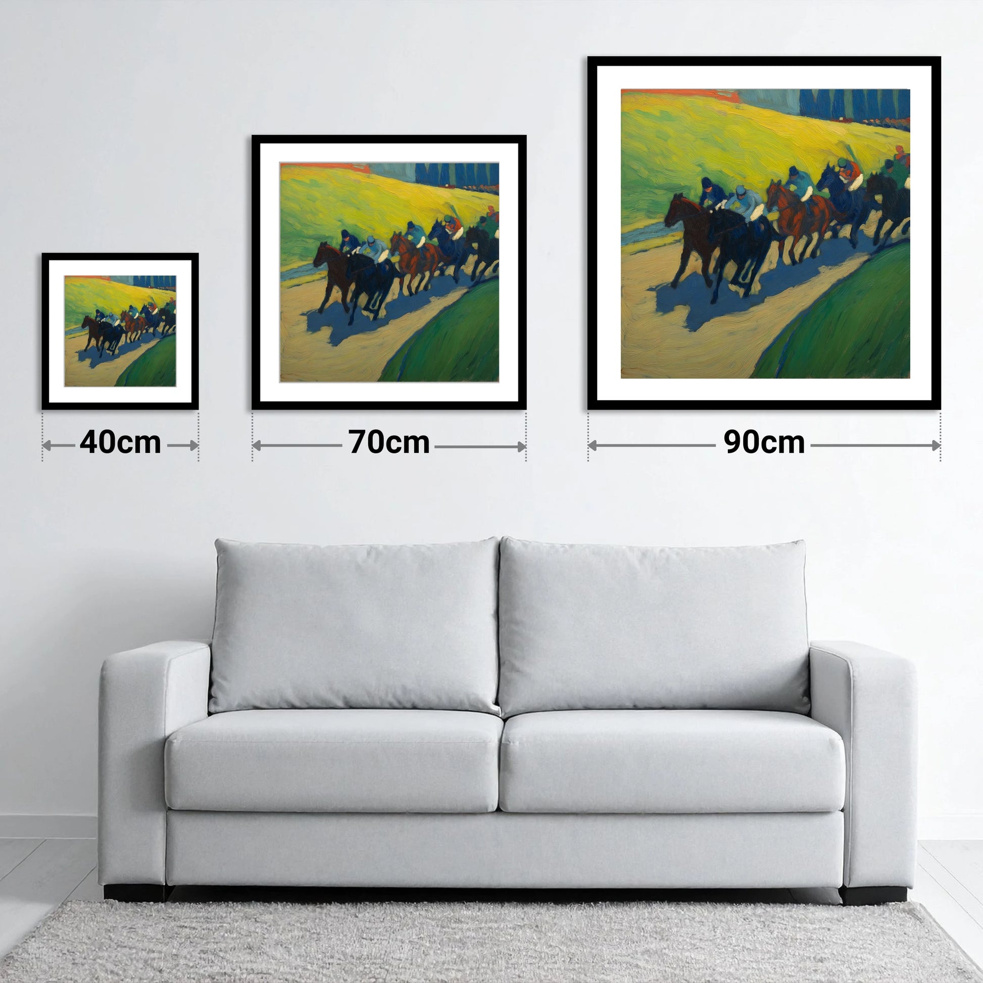 The Final Furlong - size guide showing 40cm, 70cm and 90cm art prints