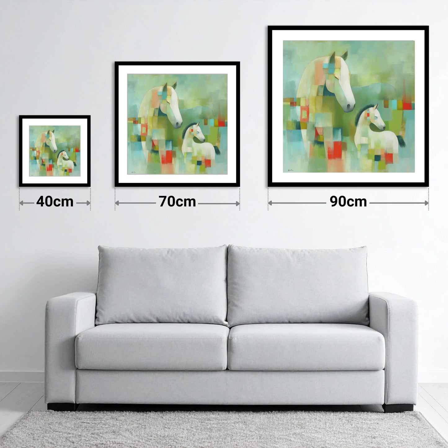 Structured Serenity - size guide showing 40cm, 70cm and 90cm art prints