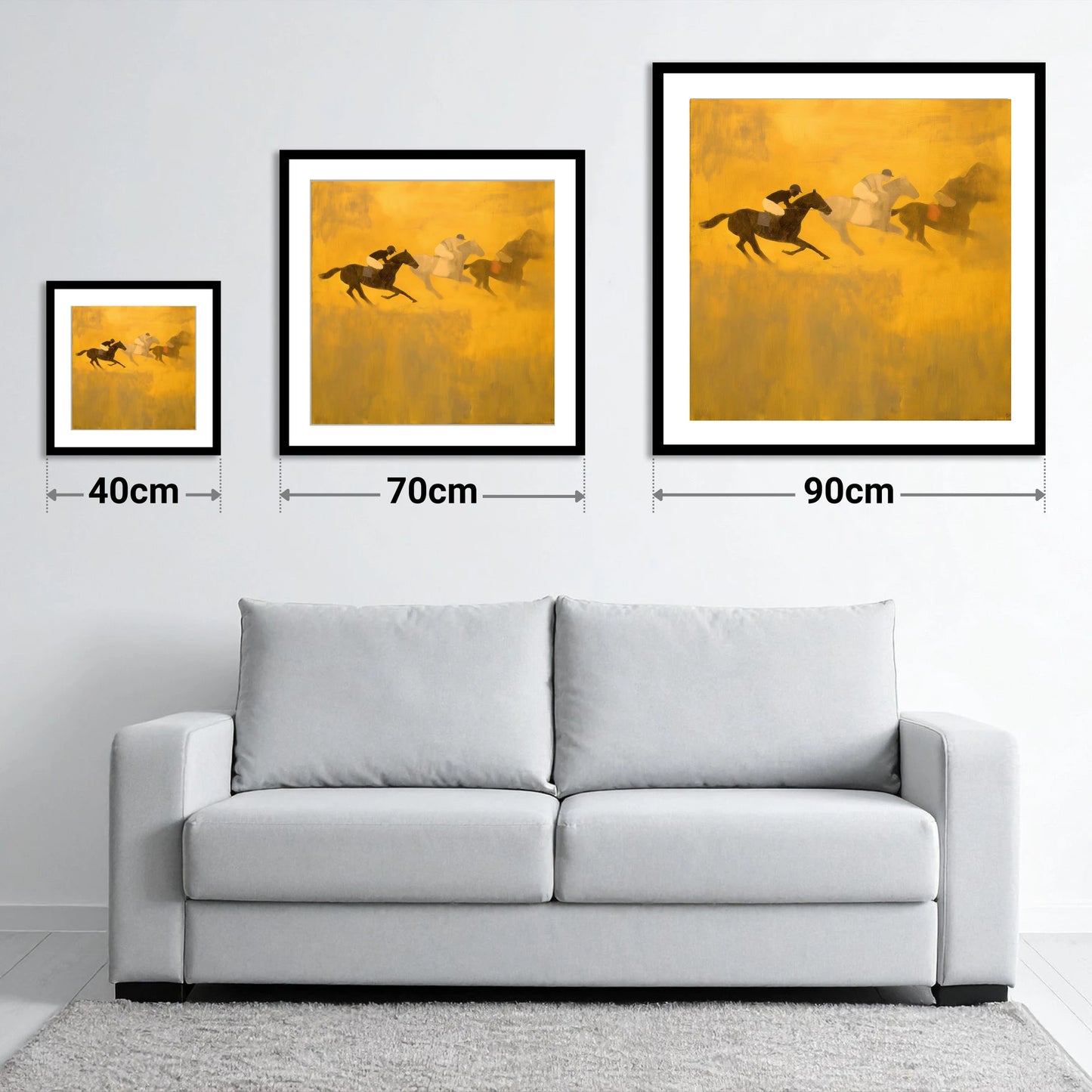 Golden Dust Runners - size guide showing 40cm, 70cm and 90cm art prints