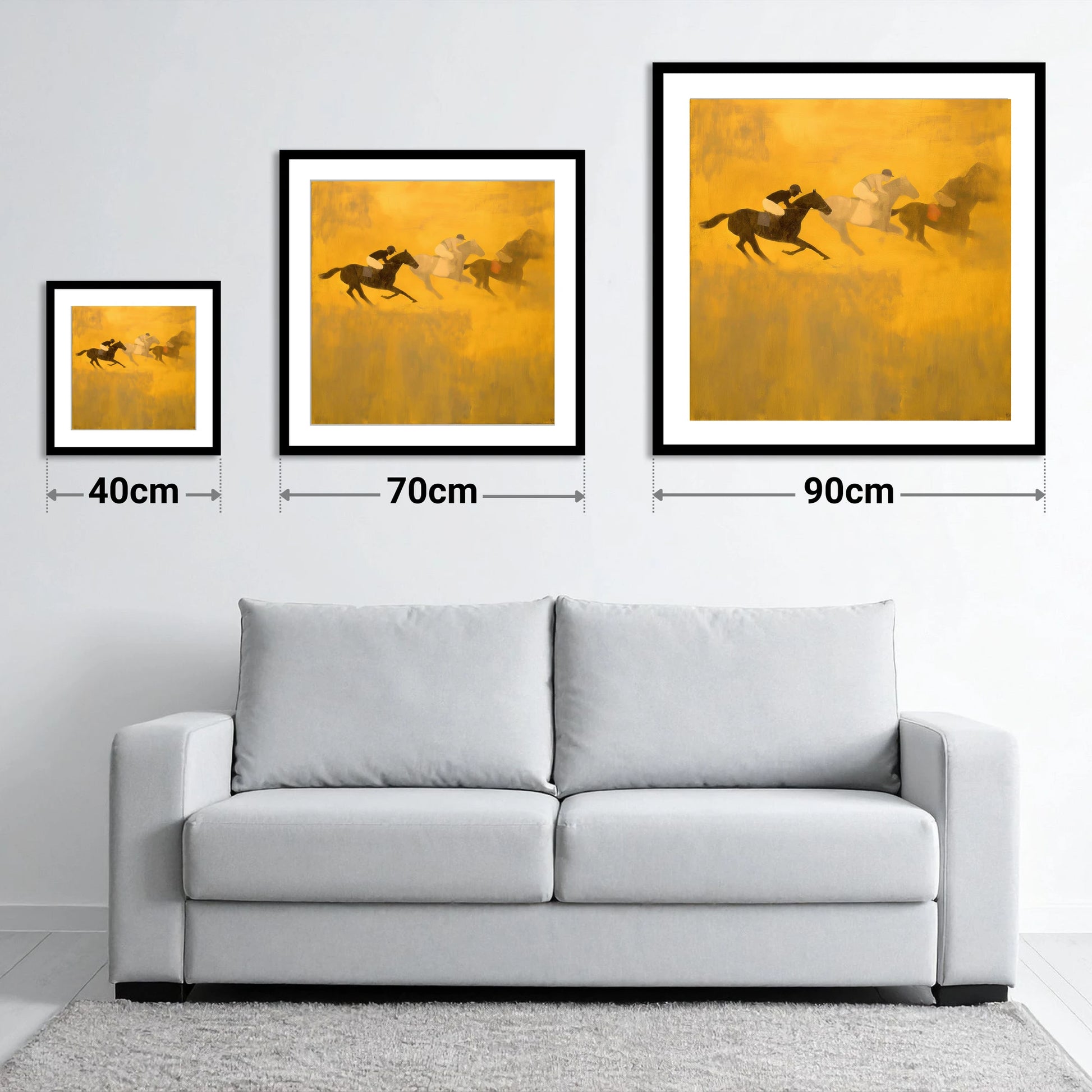 Golden Dust Runners - size guide showing 40cm, 70cm and 90cm art prints