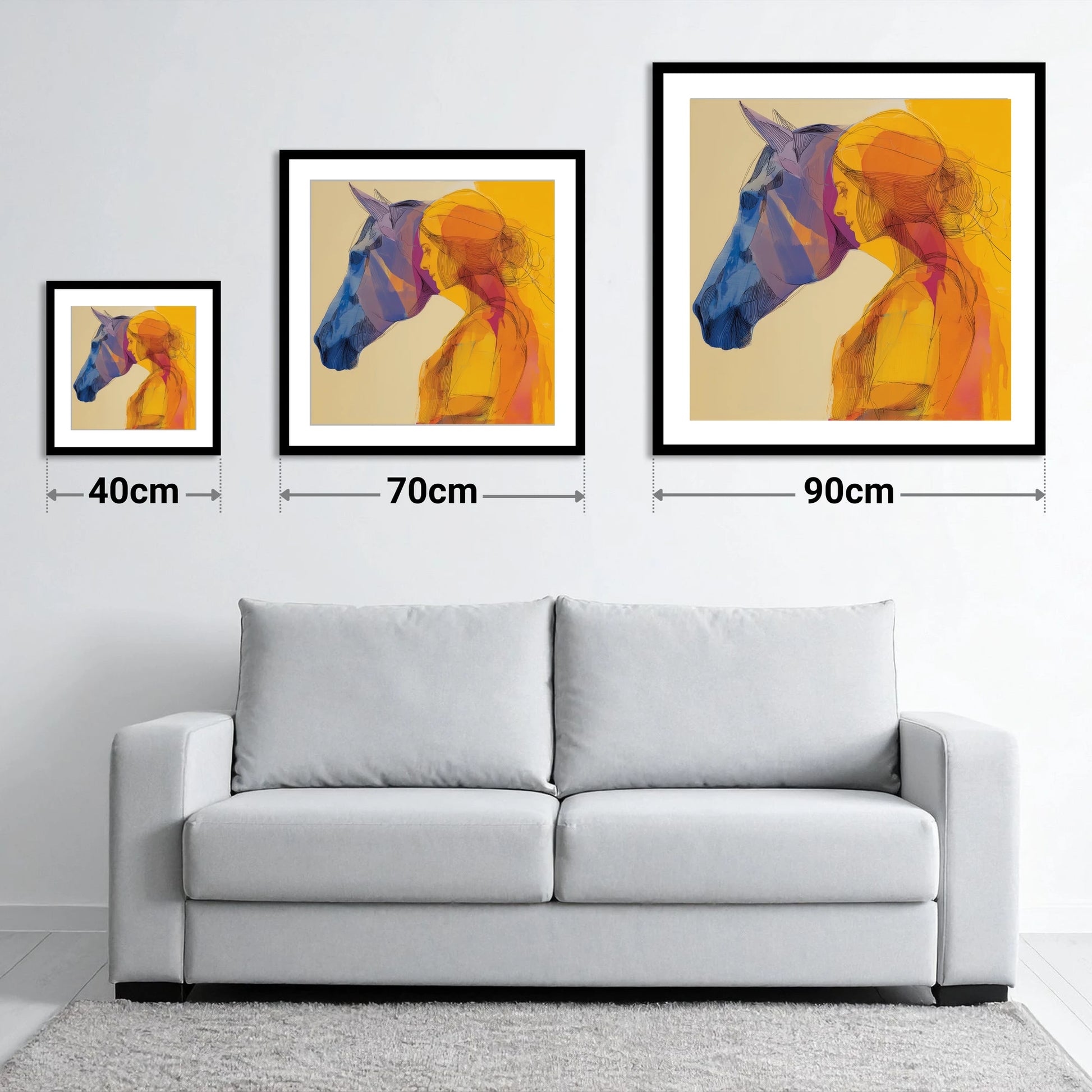 Vibrant Bond - size guide showing 40cm, 70cm and 90cm art prints