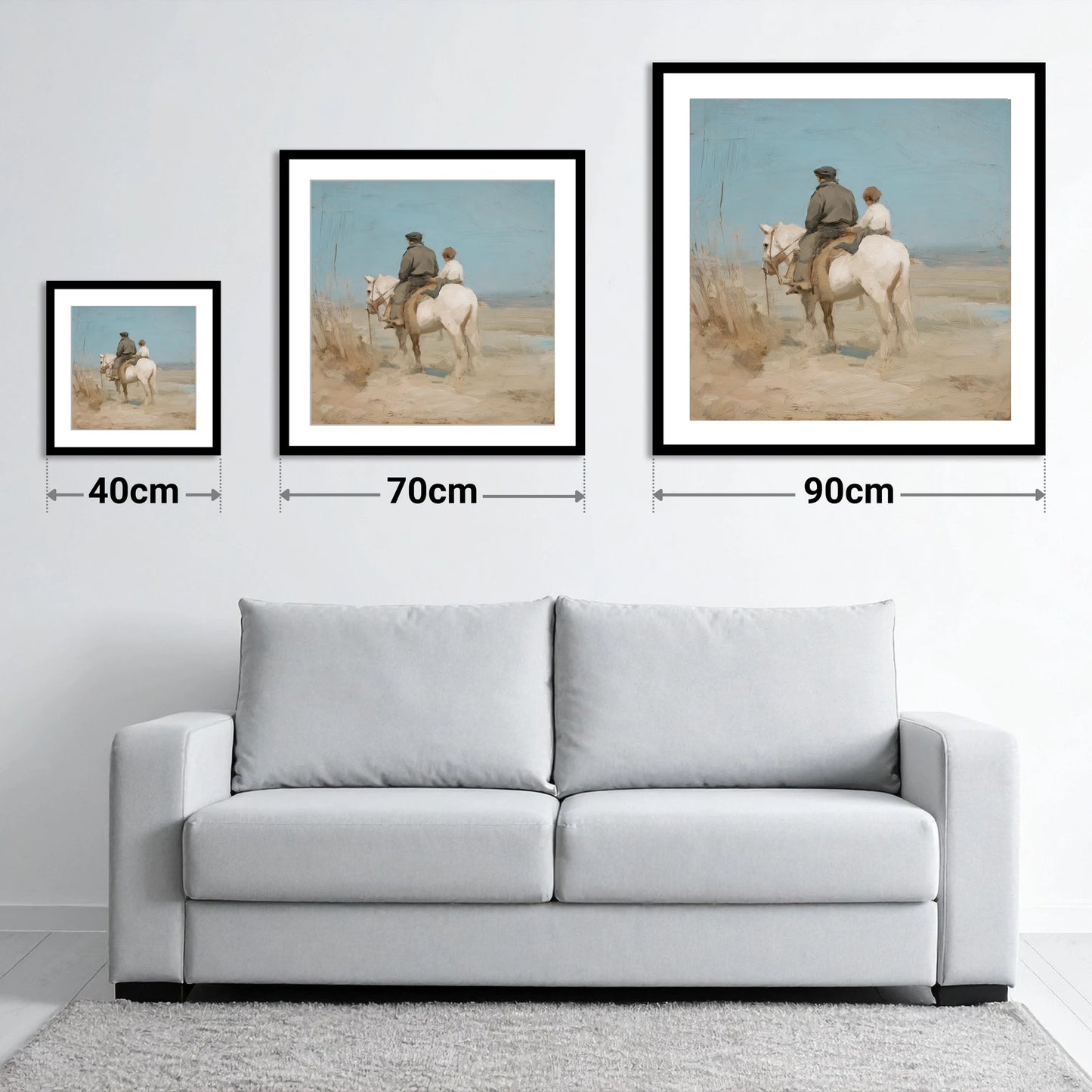 The Shared Journey - size guide showing 40cm, 70cm and 90cm art prints