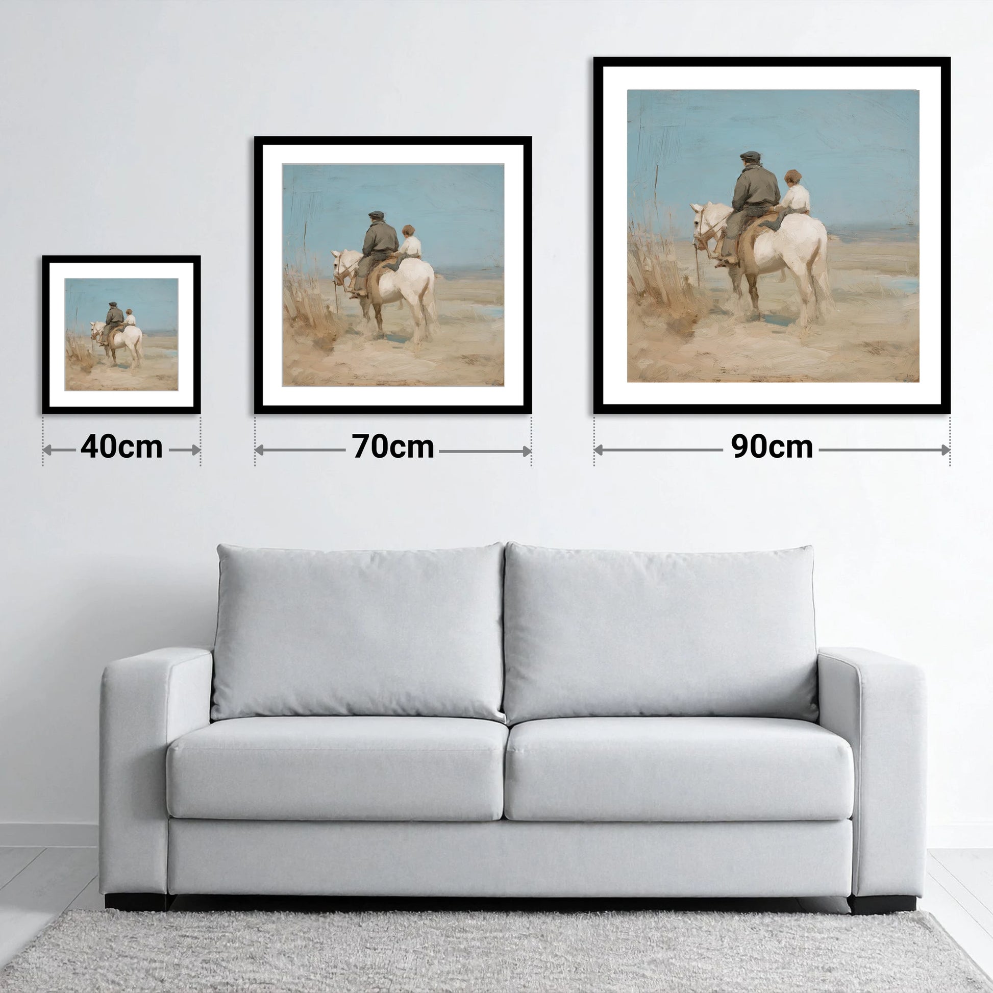 The Shared Journey - size guide showing 40cm, 70cm and 90cm art prints