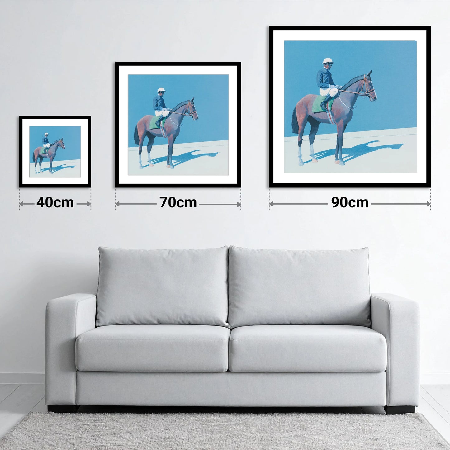 Before the Off - size guide showing 40cm, 70cm and 90cm art prints