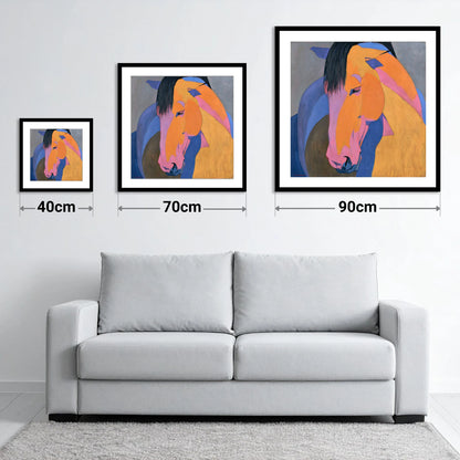 Colourful Painted Horse Portrait - size guide showing 40cm, 70cm and 90cm art prints